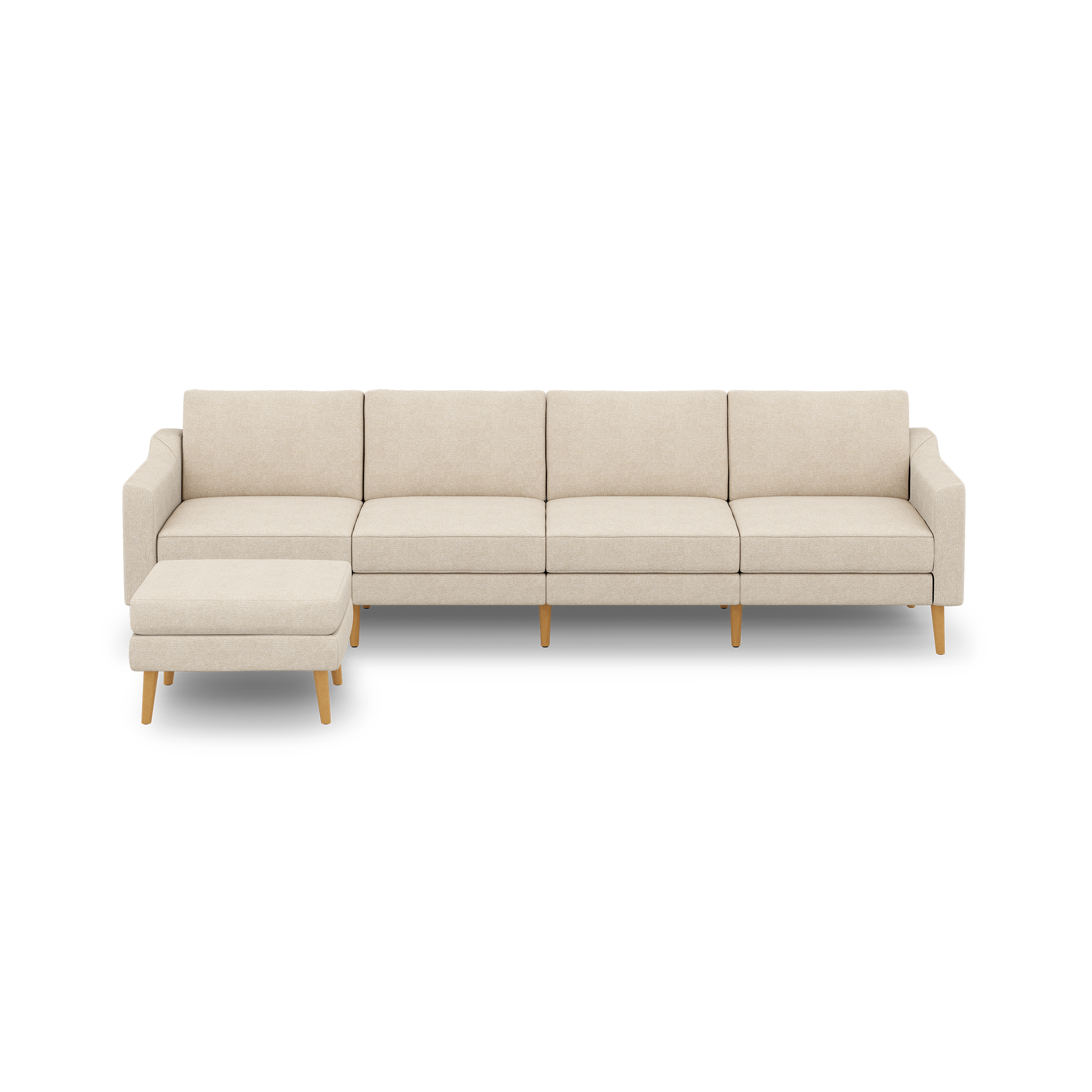 Beige L-shaped sectional sofa with wooden legs, featuring a left-side chaise lounge and clean, modern design.