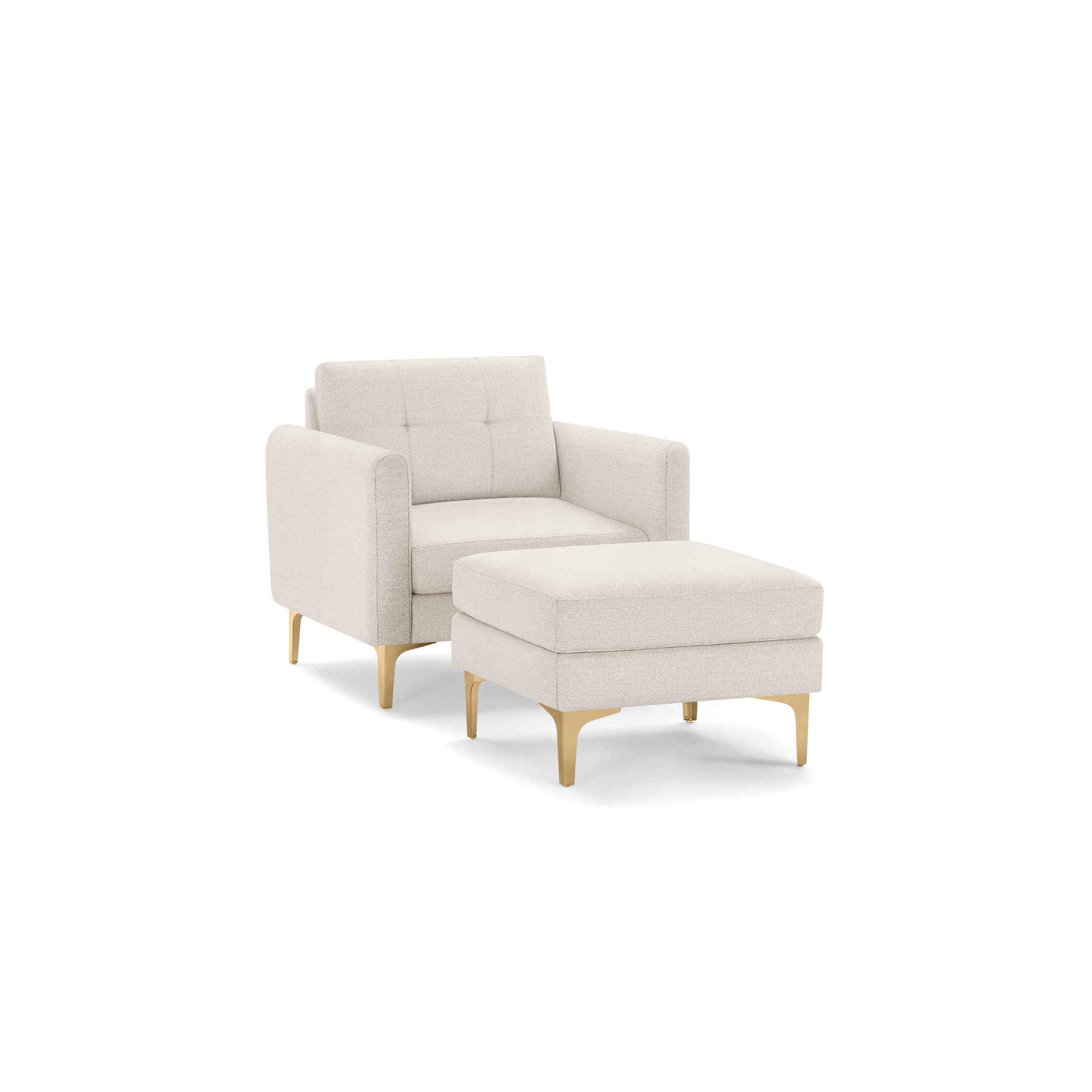 Beige upholstered armchair with matching ottoman, tufted backrest, and gold metal legs, showcasing modern minimalist design.