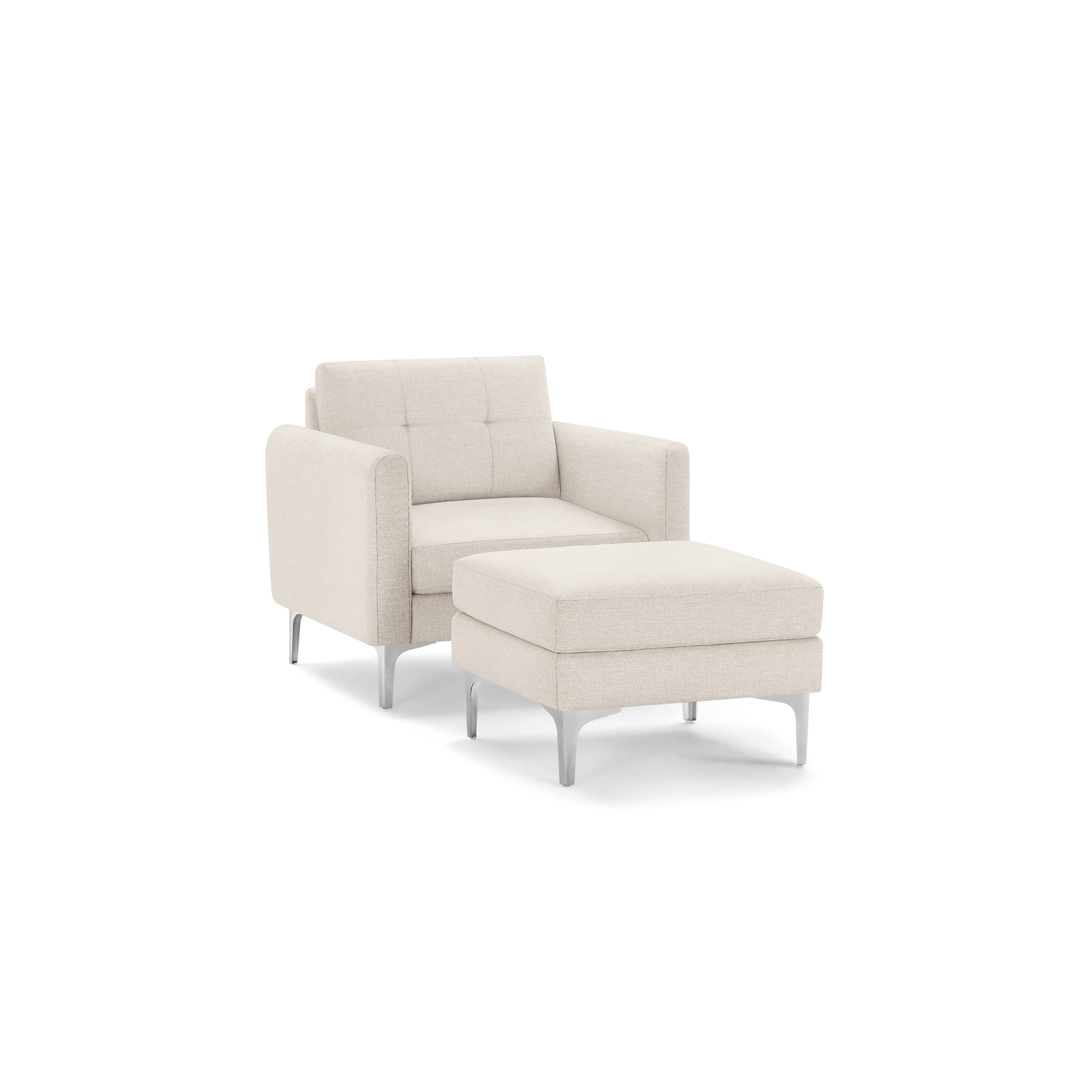 Modern beige fabric armchair with tufted backrest and matching cushioned ottoman, supported by sleek metal legs.