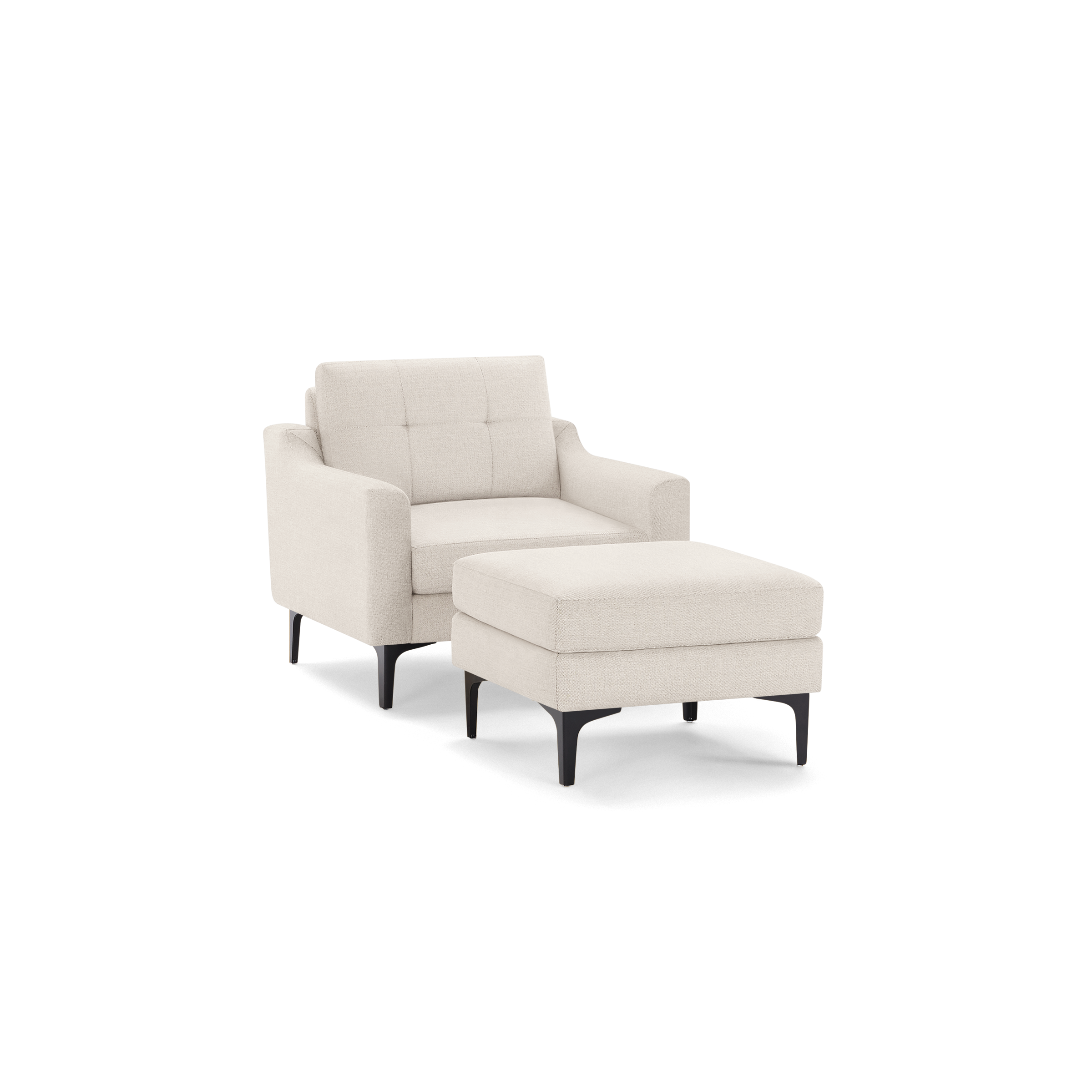 Beige fabric armchair with black metal legs, accompanied by a matching cushioned ottoman with similar leg design.