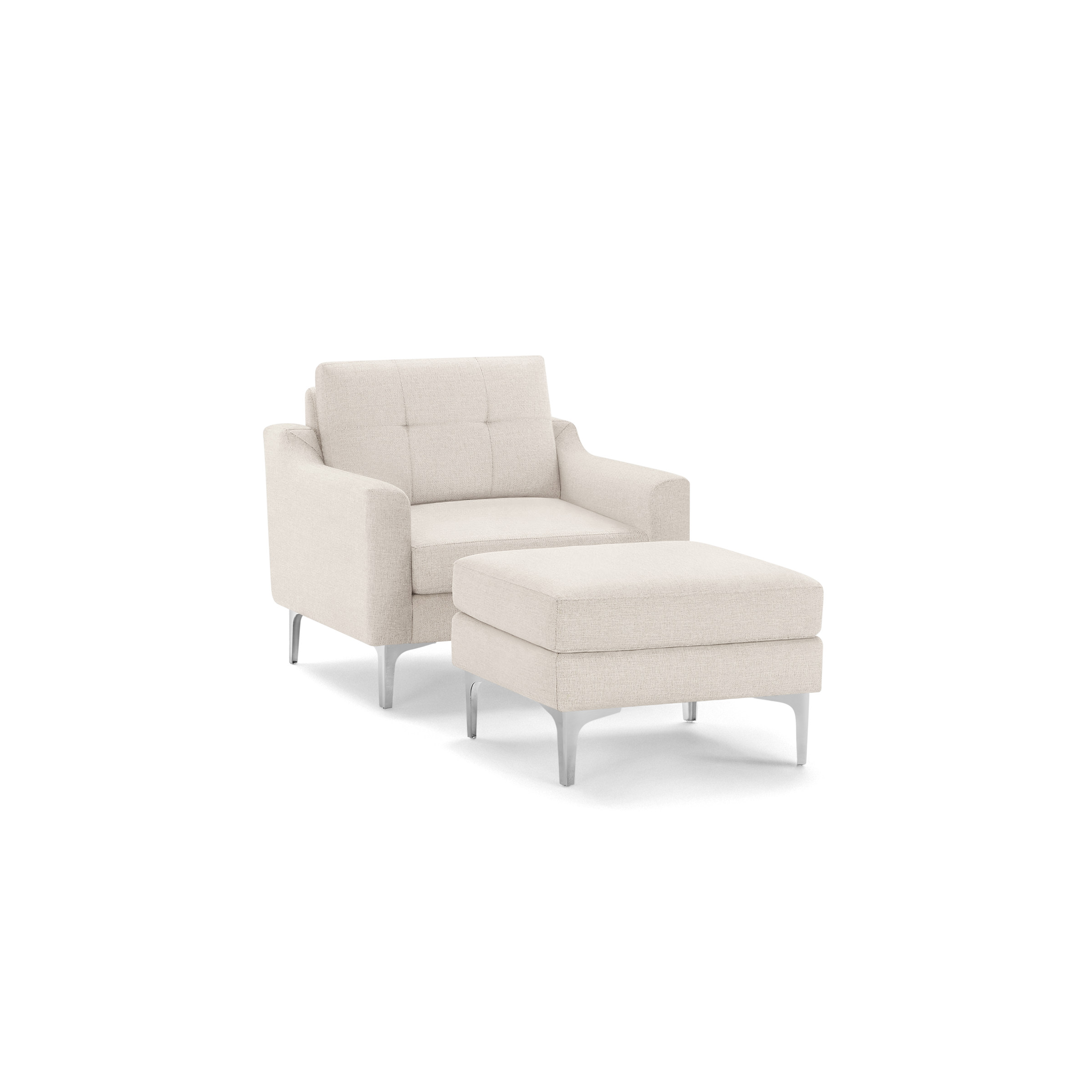 Beige upholstered armchair with tufted backrest and matching cushioned ottoman, both featuring slender silver metal legs.