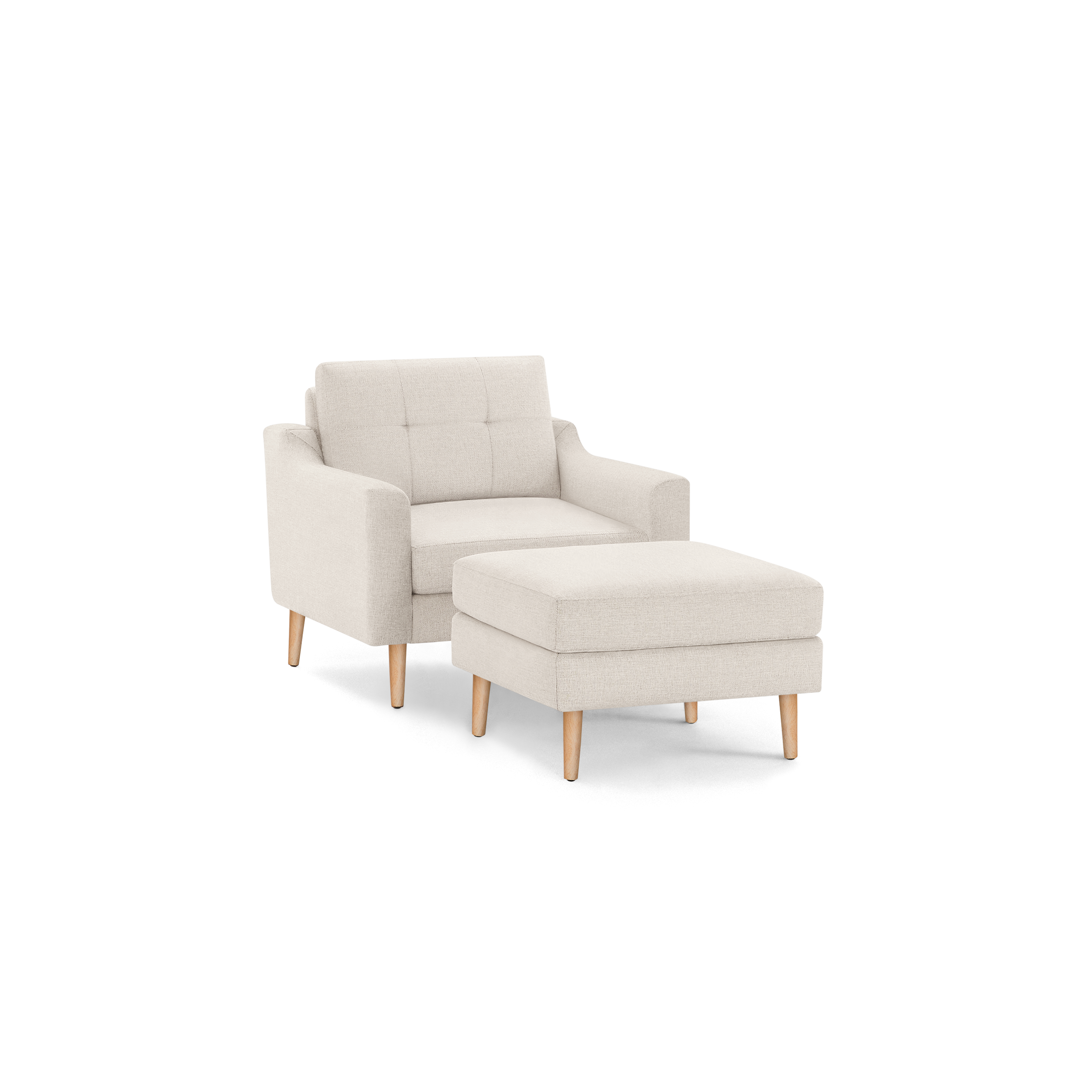 Beige fabric armchair with matching cushioned ottoman, featuring wooden legs and a tufted backrest for modern comfort.