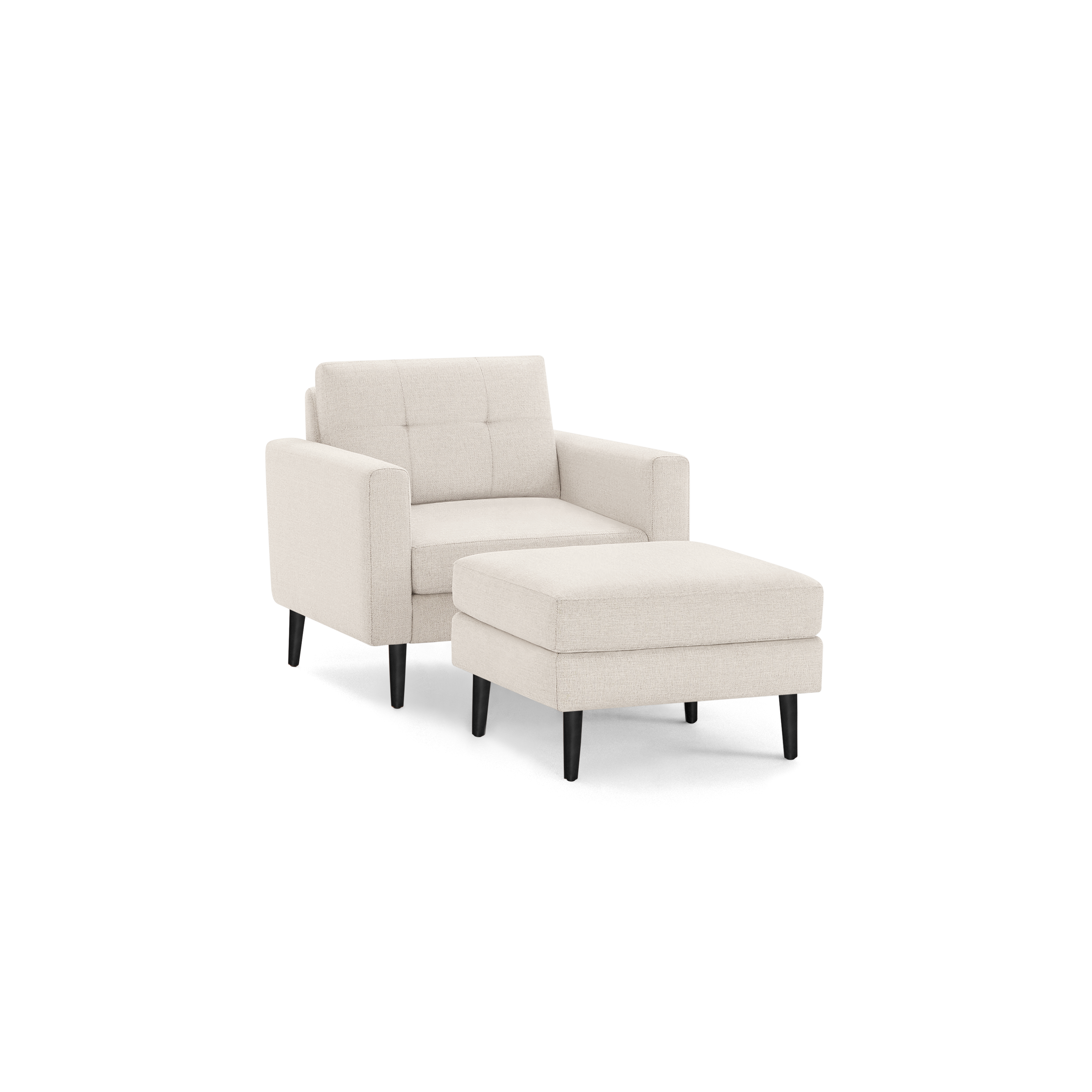 Beige upholstered armchair with tufted backrest and matching ottoman, supported by black tapered wooden legs.