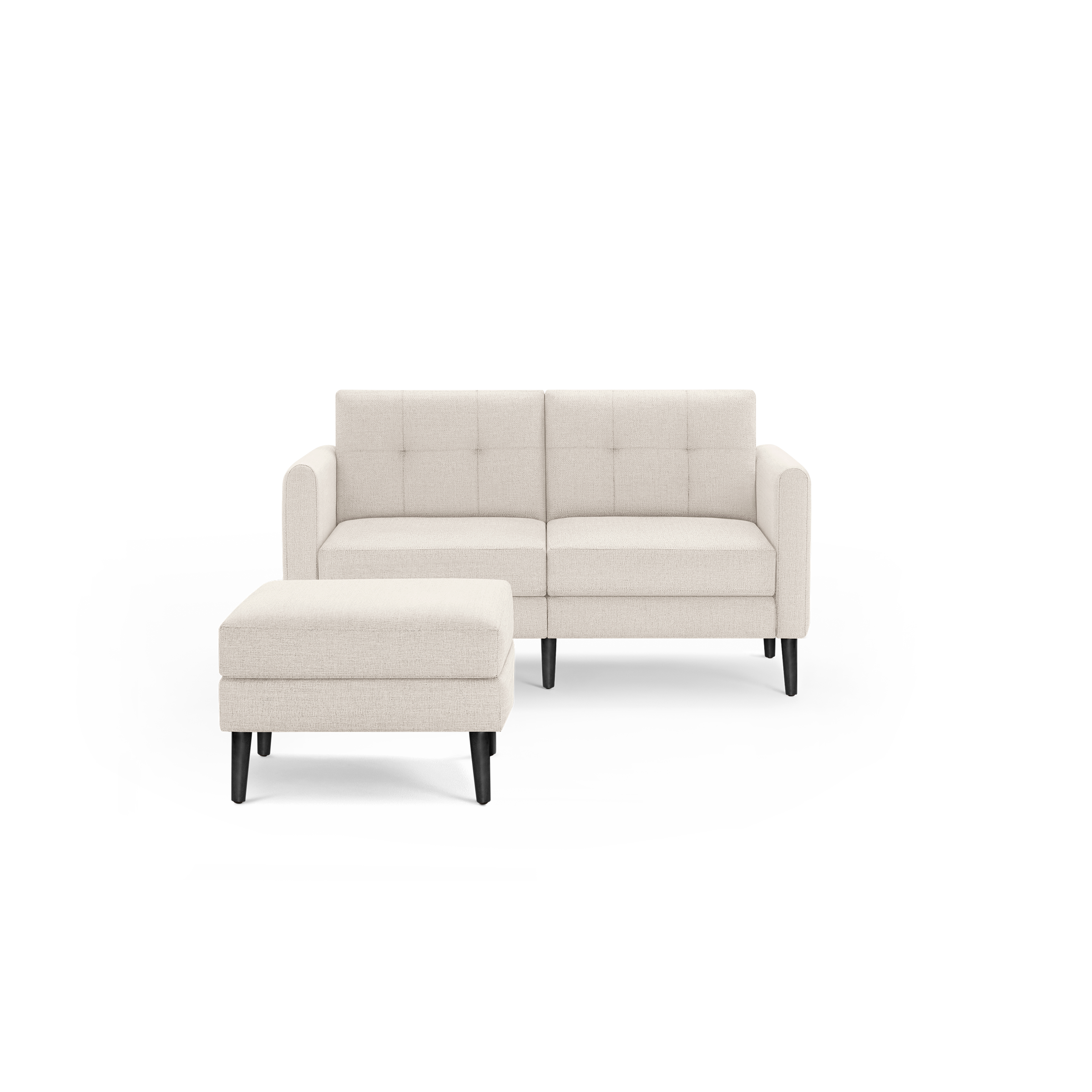 Beige fabric loveseat with tufted backrest, square armrests, and matching ottoman on black wooden legs.
