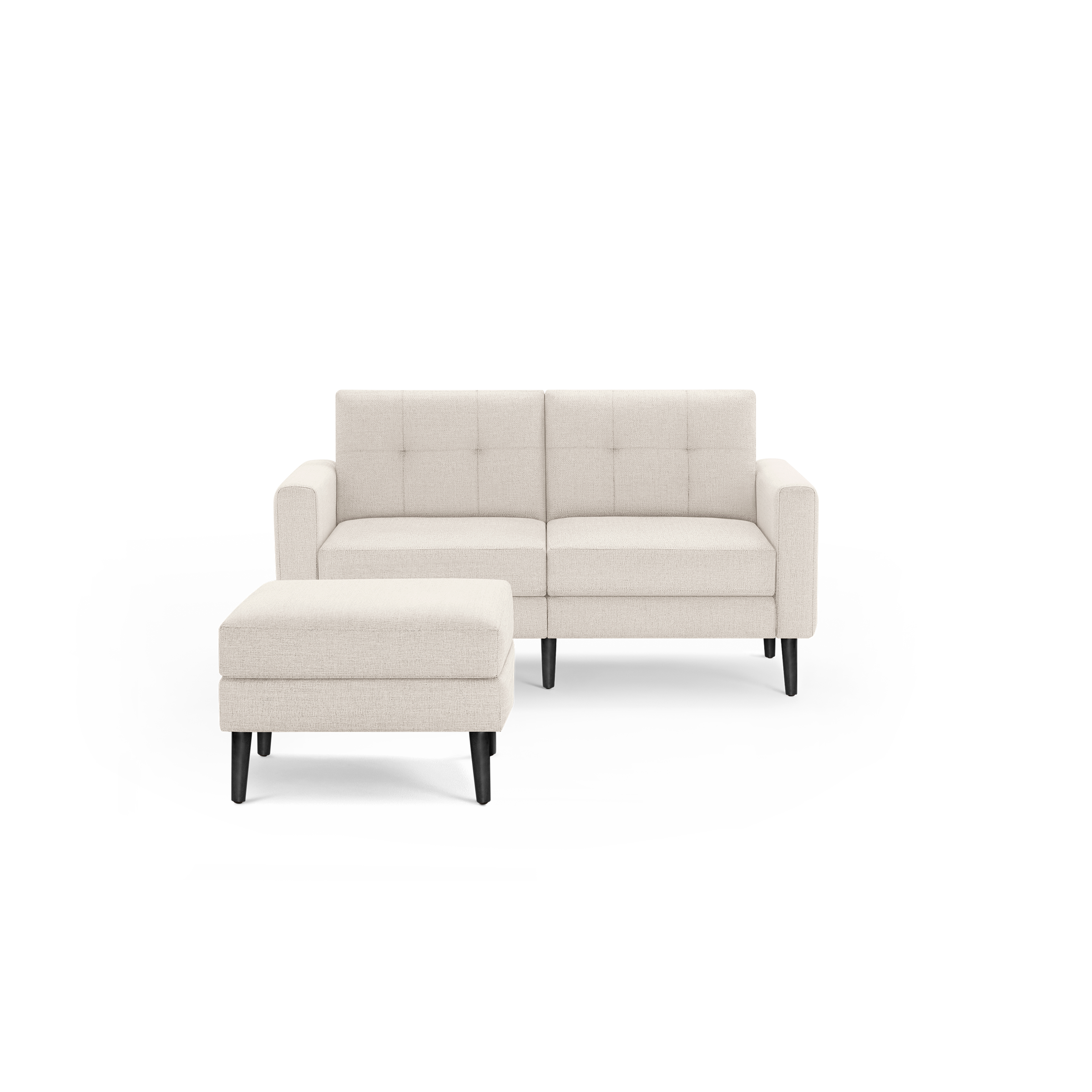 Compact beige fabric loveseat sofa with tufted back cushions and matching cushioned ottoman, featuring black wooden legs.