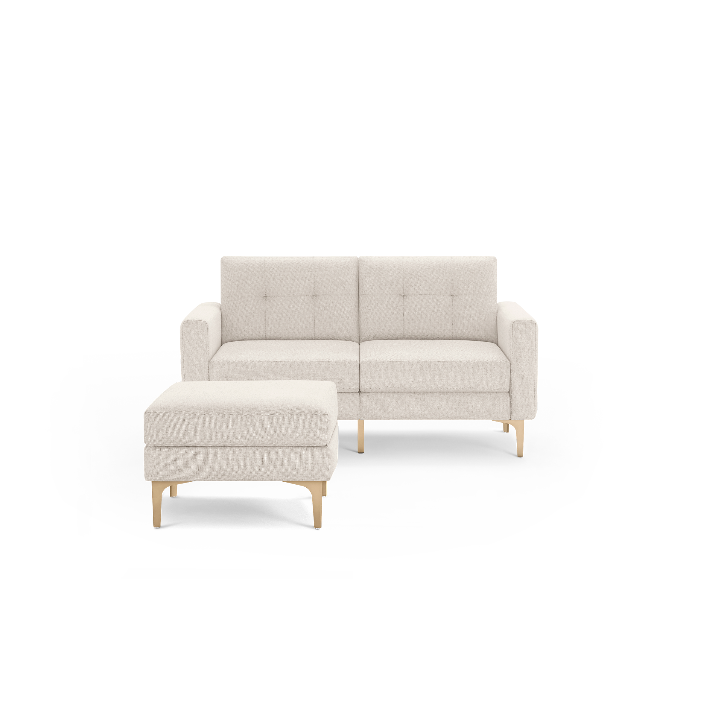 Modern beige fabric loveseat with tufted backrest and matching ottoman, supported by sleek wooden legs.