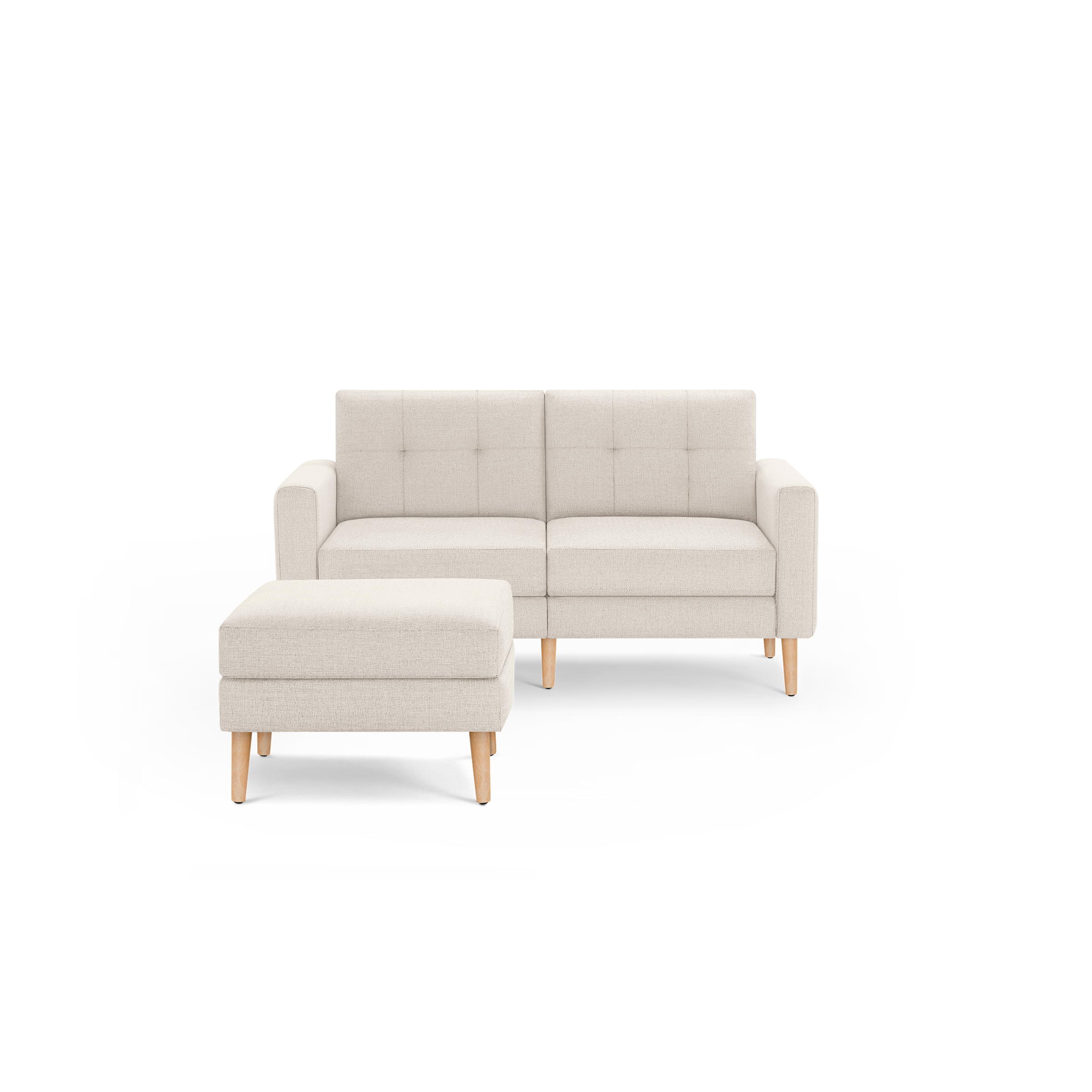 Beige modern loveseat sofa with tufted back cushions and matching ottoman, featuring wooden legs and clean lines.
