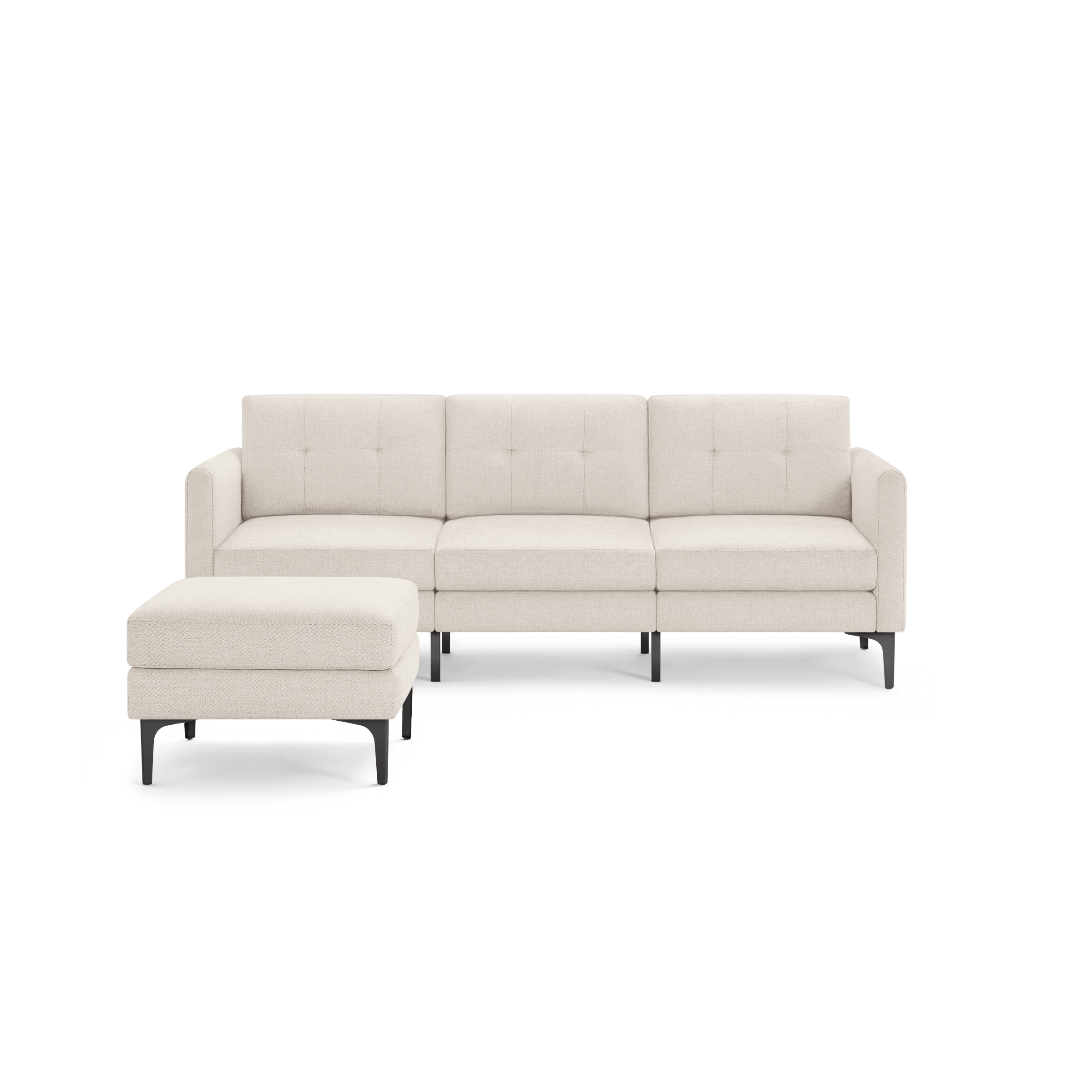 Modern off-white sectional sofa with tufted back cushions, right armrest, and matching ottoman with slim black legs.