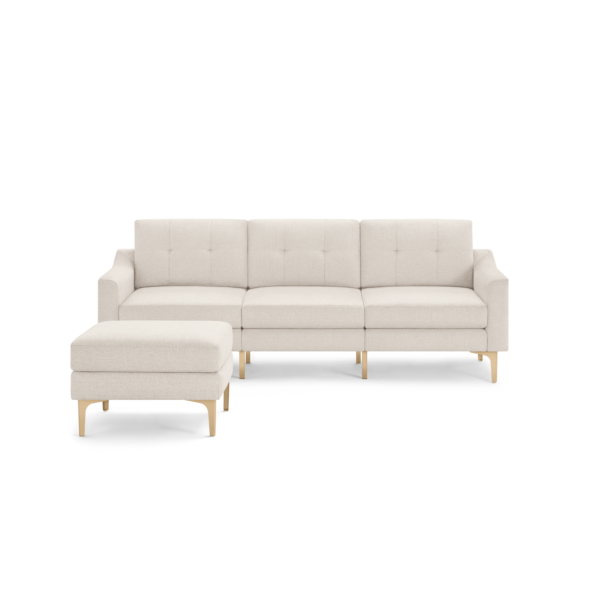 Beige modern sectional sofa with tufted cushions and matching ottoman, featuring light wooden legs and clean lines.
