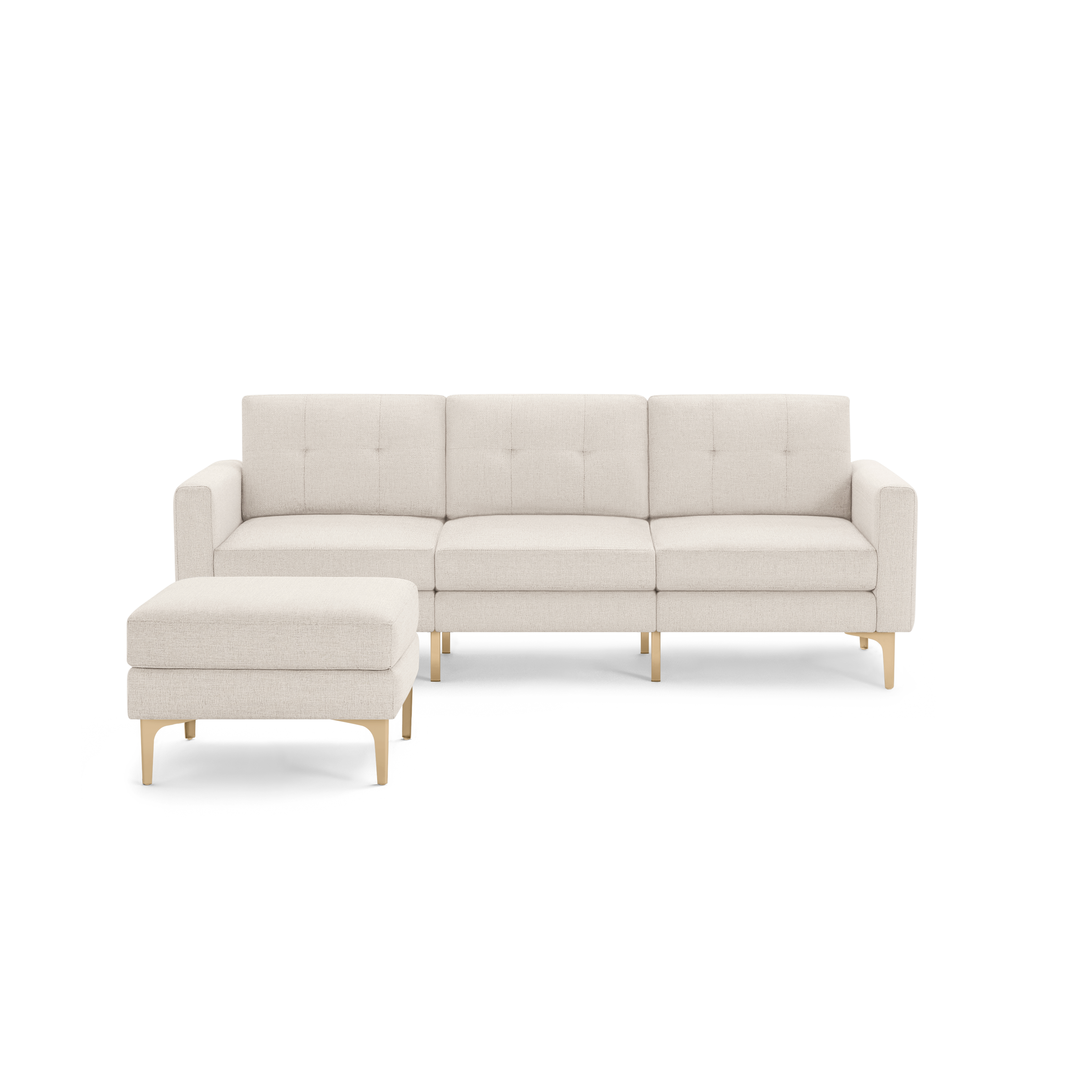 Modern beige fabric sectional sofa with clean lines, tufted back cushions, and light wooden legs, featuring a matching ottoman.