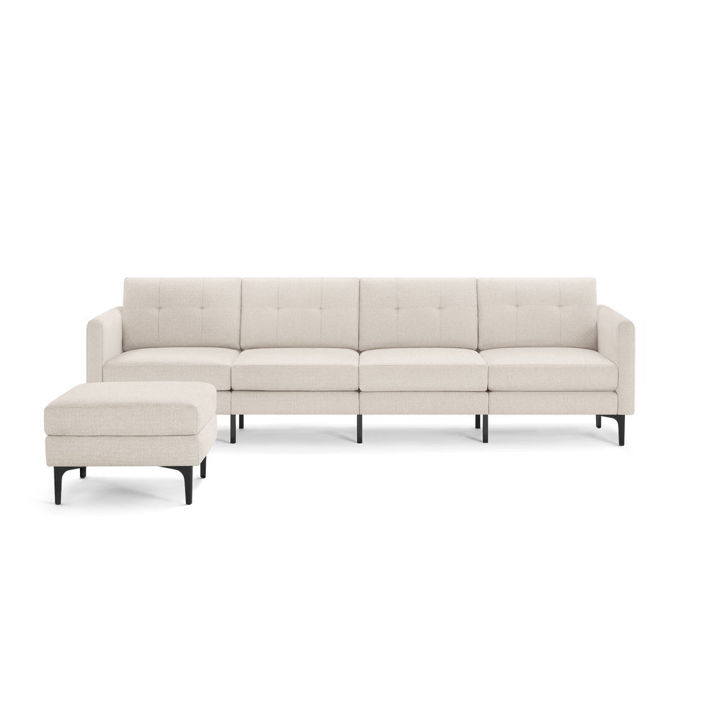 Modern beige fabric sectional sofa with left chaise lounge, tufted back cushions, straight arms, and black metal legs.