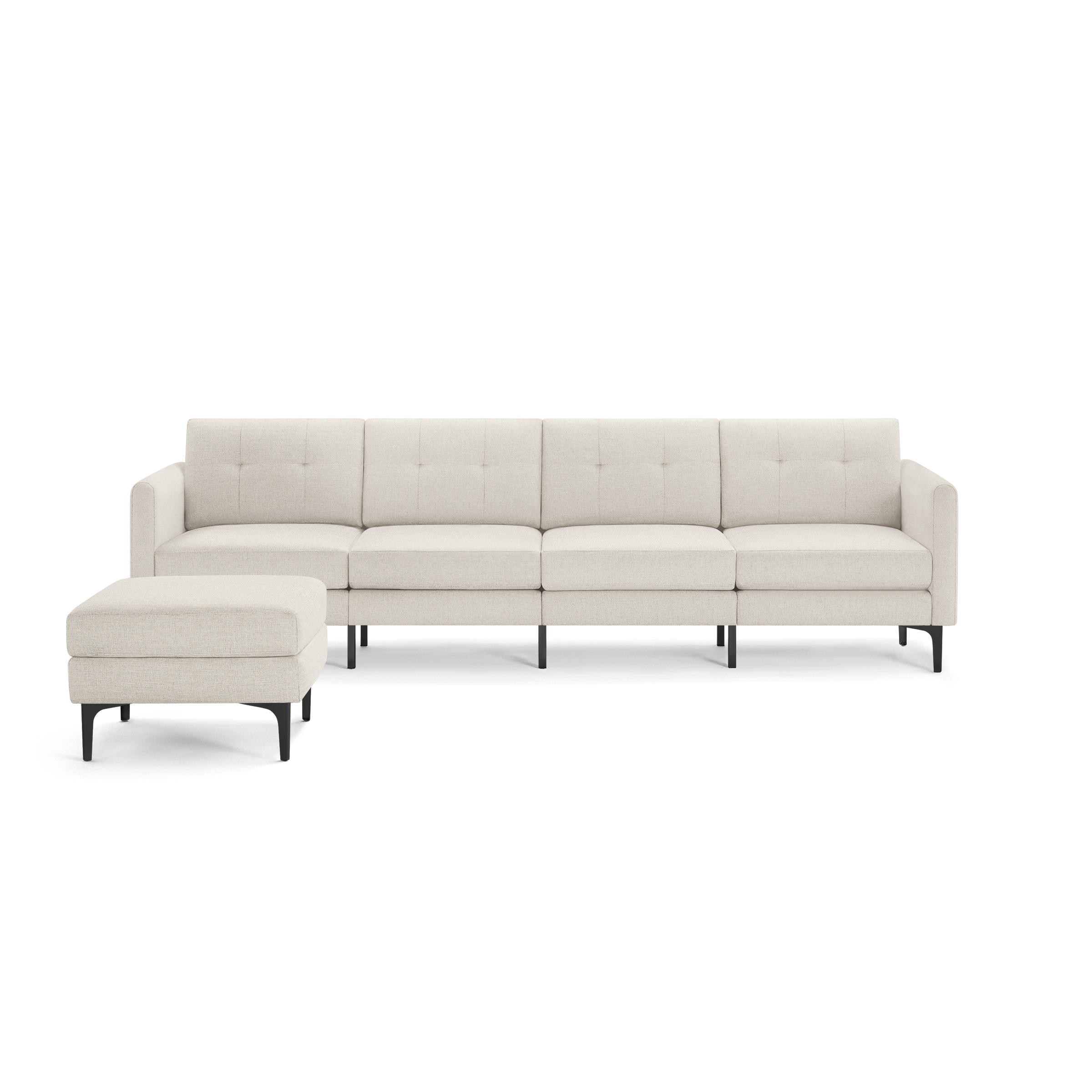 Modern beige fabric sectional sofa with left chaise lounge, tufted back cushions, straight arms, and black metal legs.