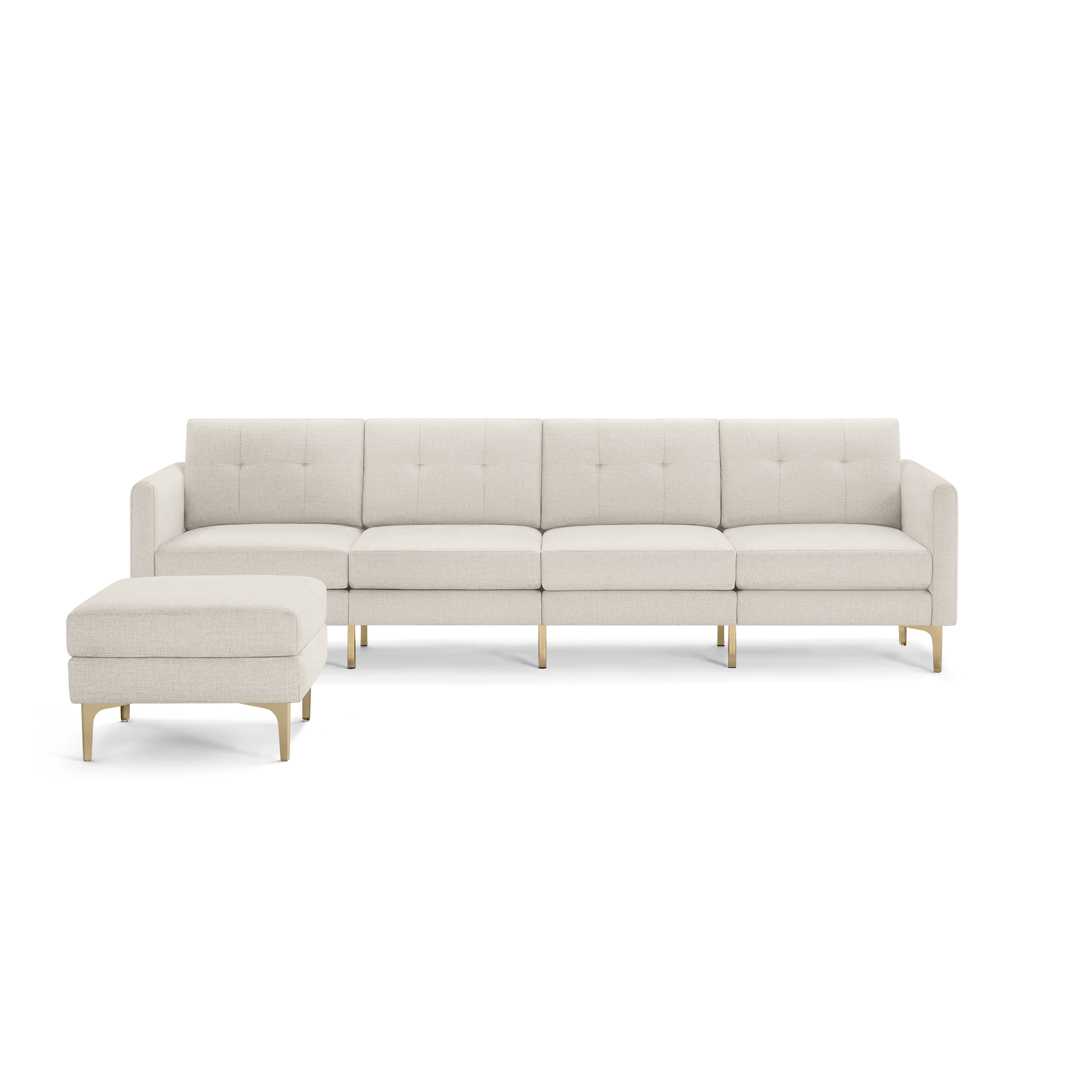 Light beige sectional sofa with tufted back cushions, sleek armrests, and wooden legs, featuring a matching ottoman.