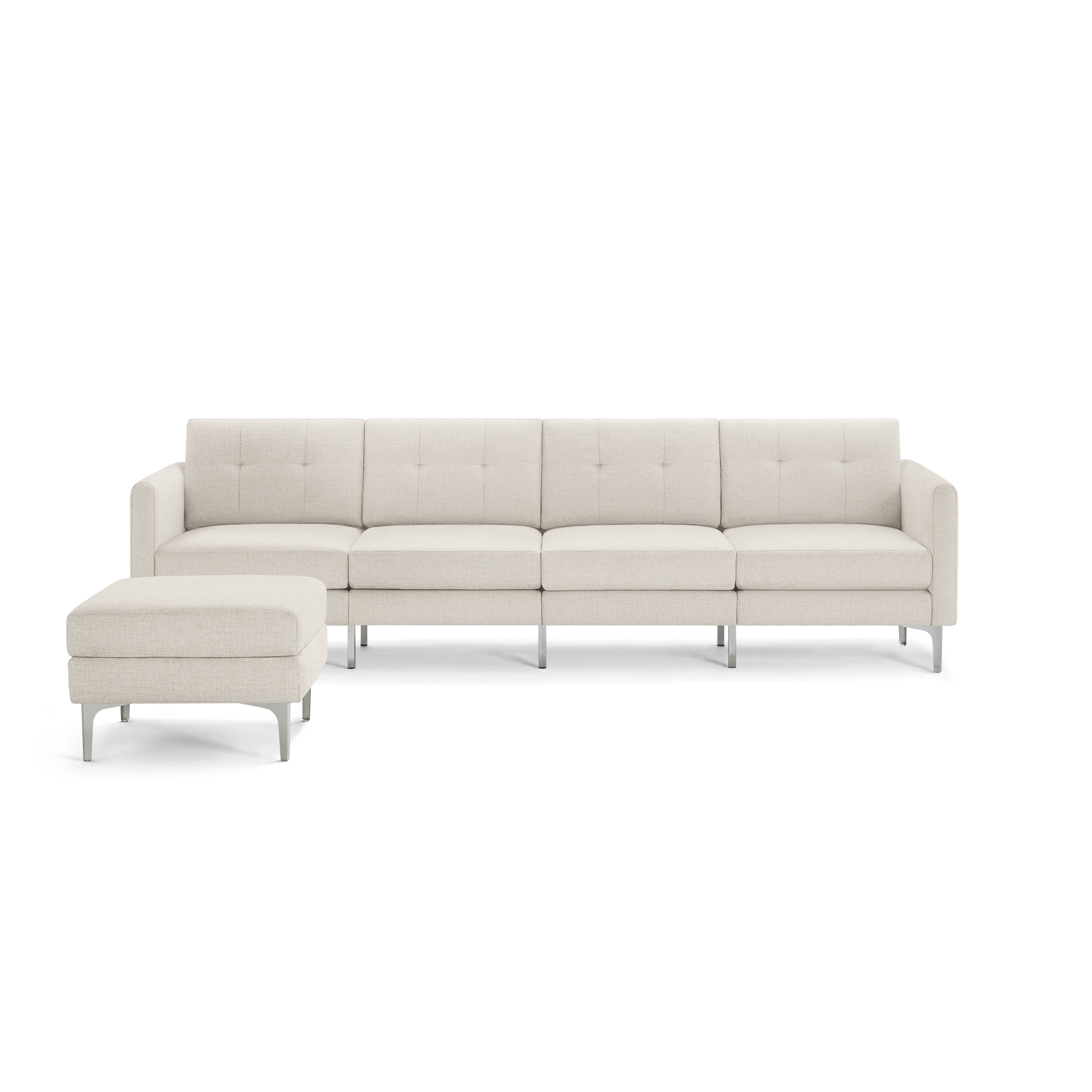 Modern beige fabric sectional sofa with tufted back cushions and a matching ottoman on sleek metal legs.