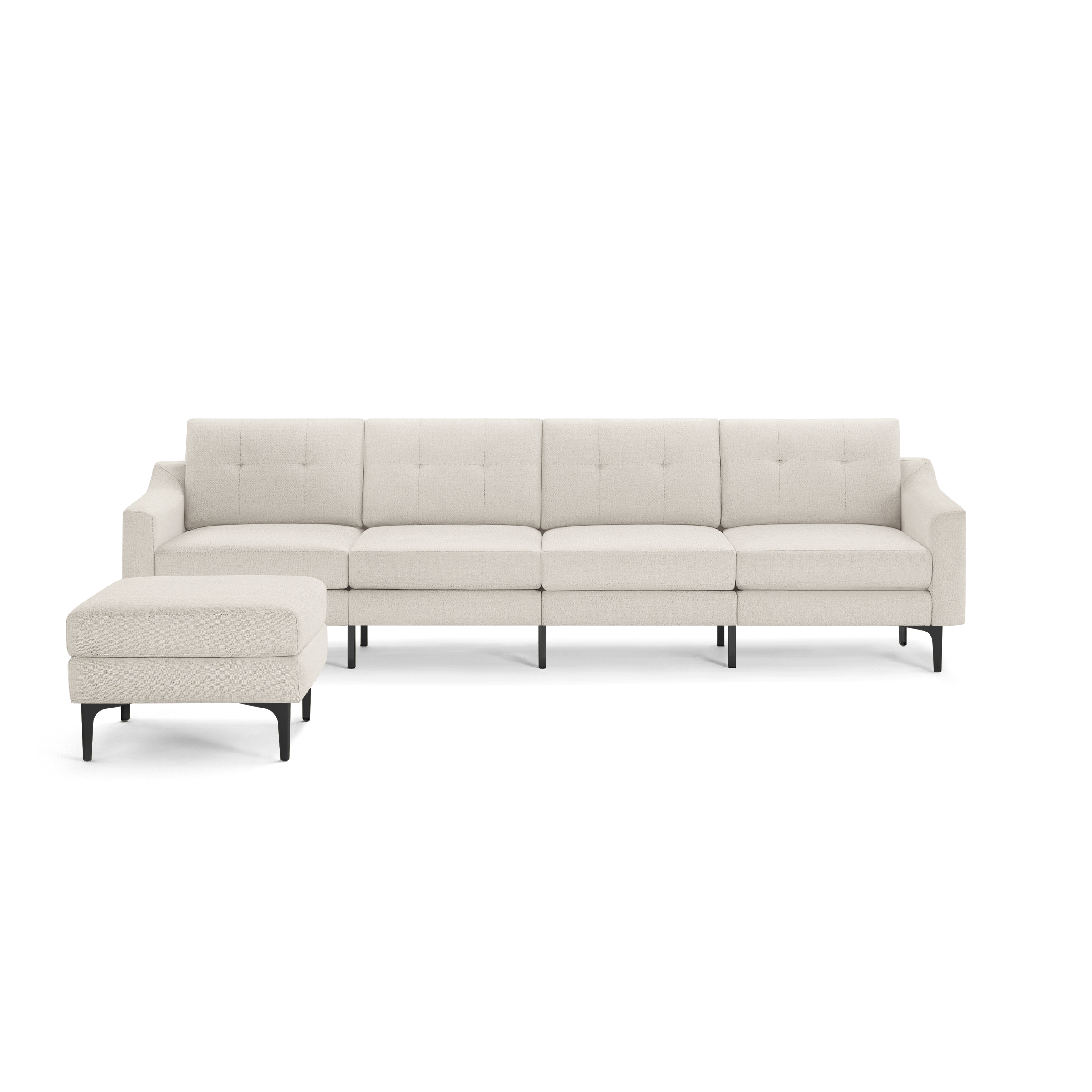 Beige L-shaped sectional sofa with tufted back cushions and black metal legs, including a matching ottoman.