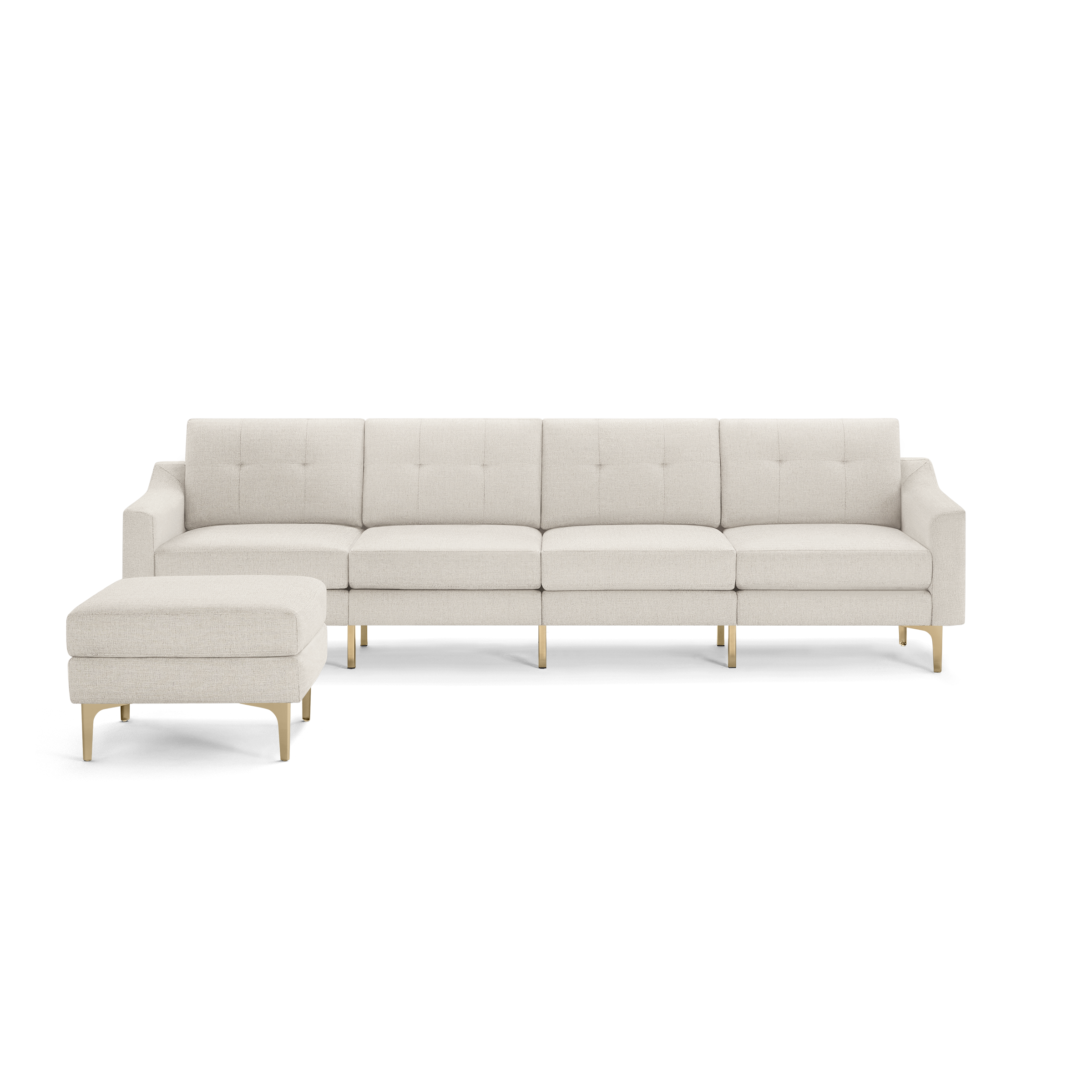 Beige sectional sofa with tufted cushions, gold metal legs, and a matching ottoman, modern and minimalist design.
