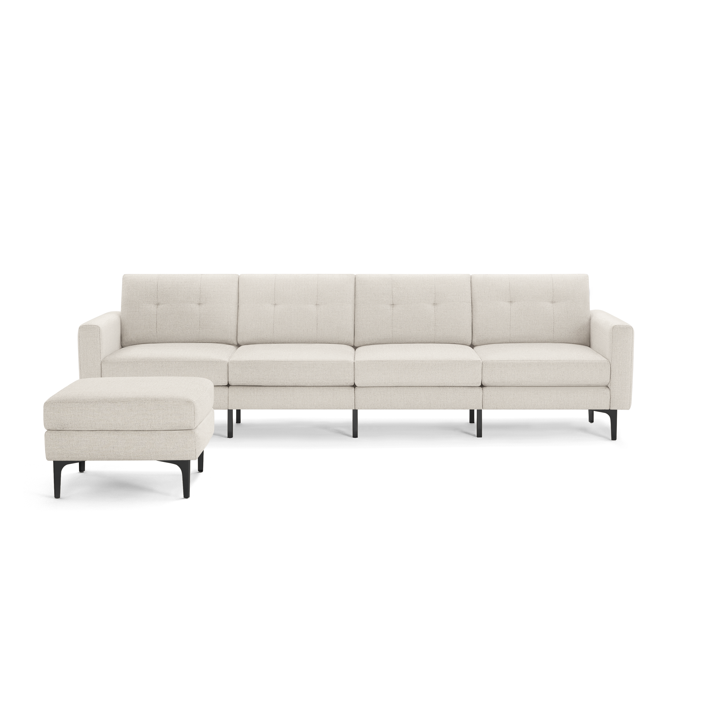 Modern beige sectional sofa with left chaise lounge, tufted back cushions, and black metal legs.