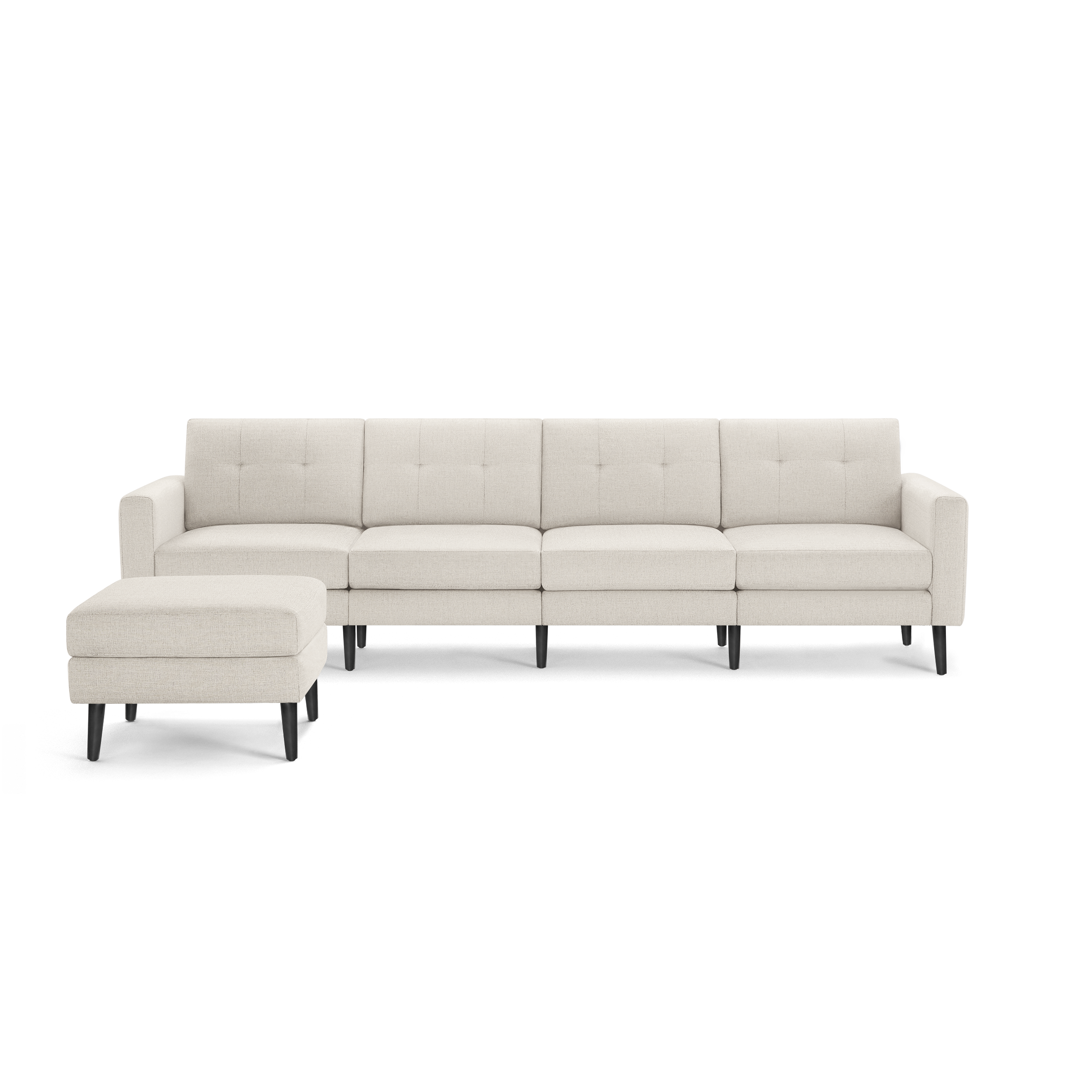 Beige fabric sectional sofa with tufted cushions and matching ottoman, featuring black wooden legs and clean modern design.