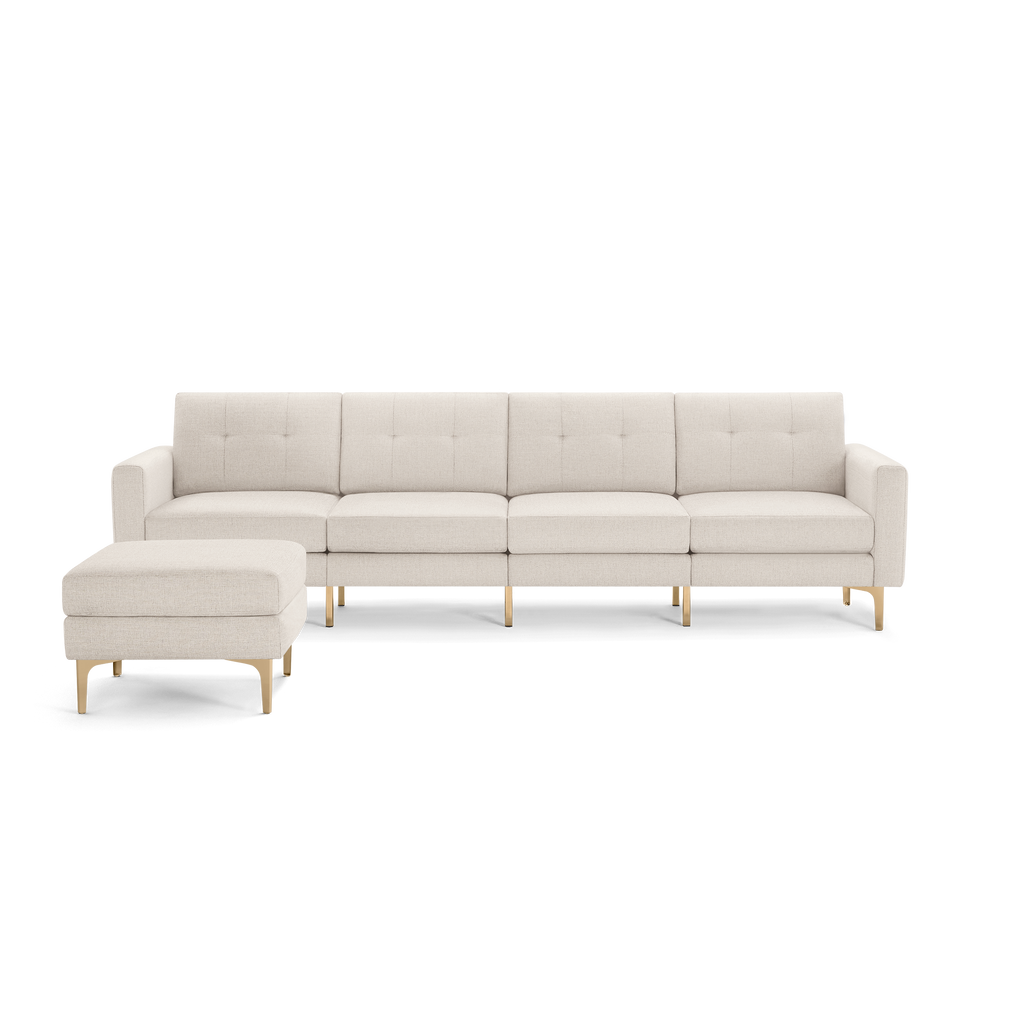Modern beige sectional sofa with tufted cushions and sleek gold metal legs, featuring an attached left-side chaise lounge.