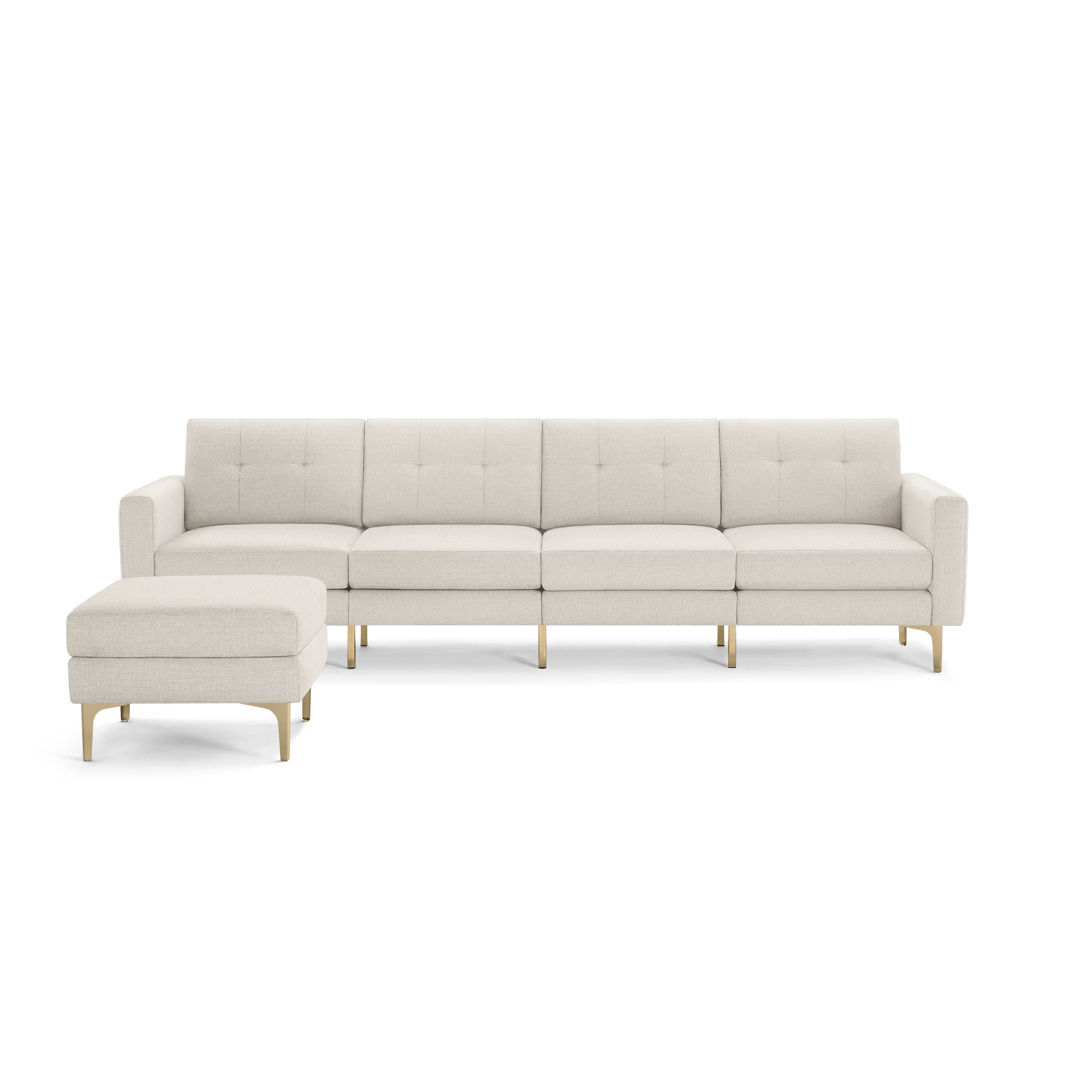 Modern beige sectional sofa with tufted cushions and sleek gold metal legs, featuring an attached left-side chaise lounge.