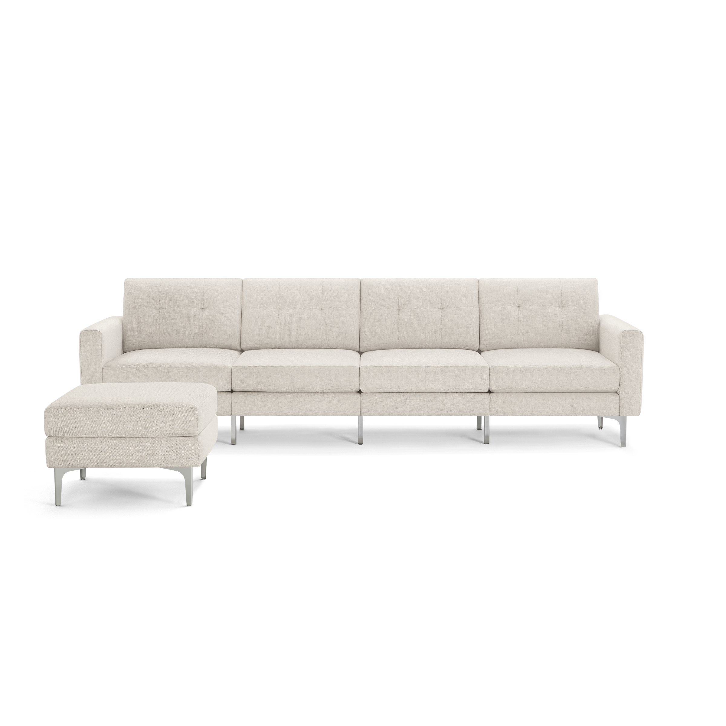 Cream-colored modern sectional sofa with tufted back cushions, metal legs, and left-side chaise lounge ottoman.