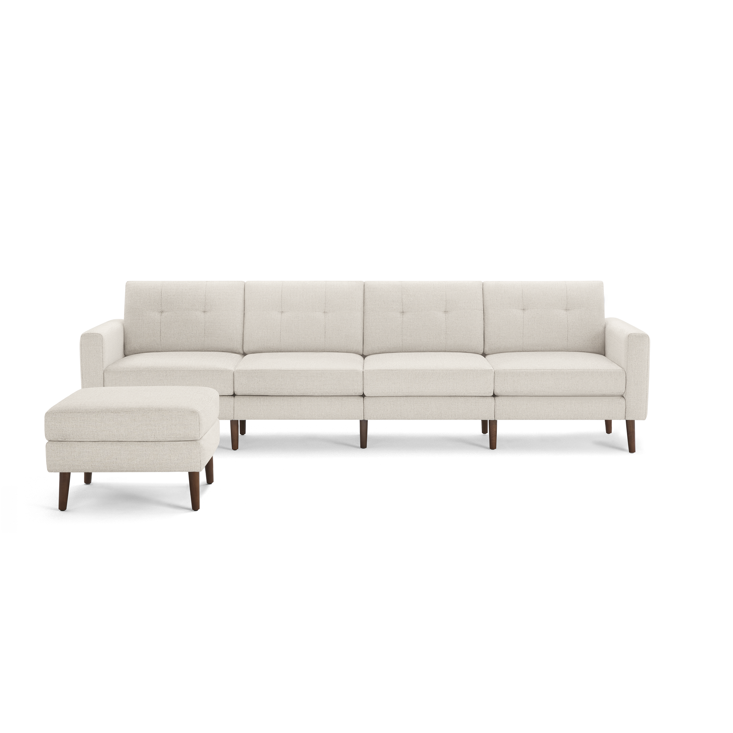 Beige modern sectional sofa with tufted cushions and matching ottoman, supported by dark wooden legs.