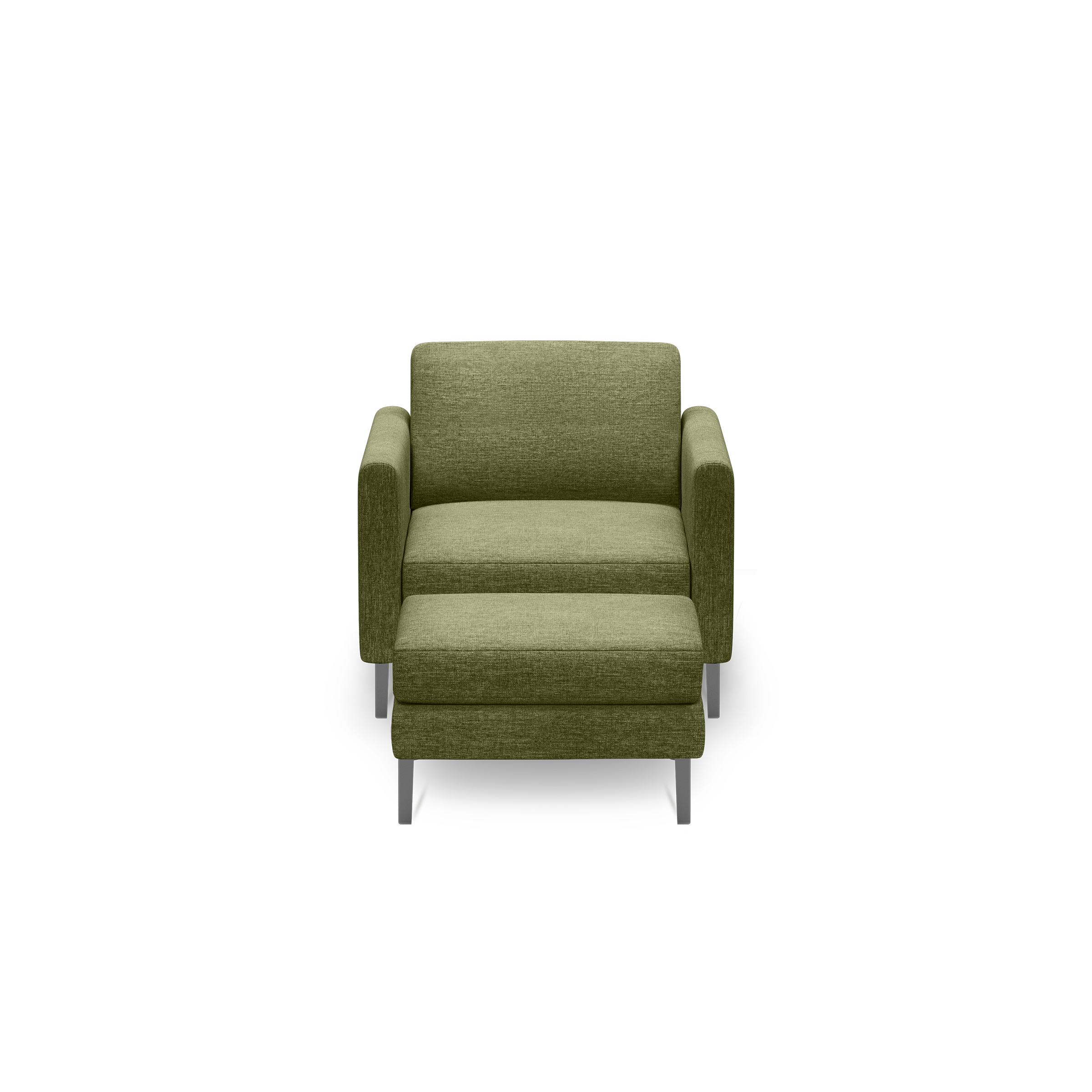 Front view of a modern olive green upholstered armchair with metal legs and a matching ottoman, isolated on black background.