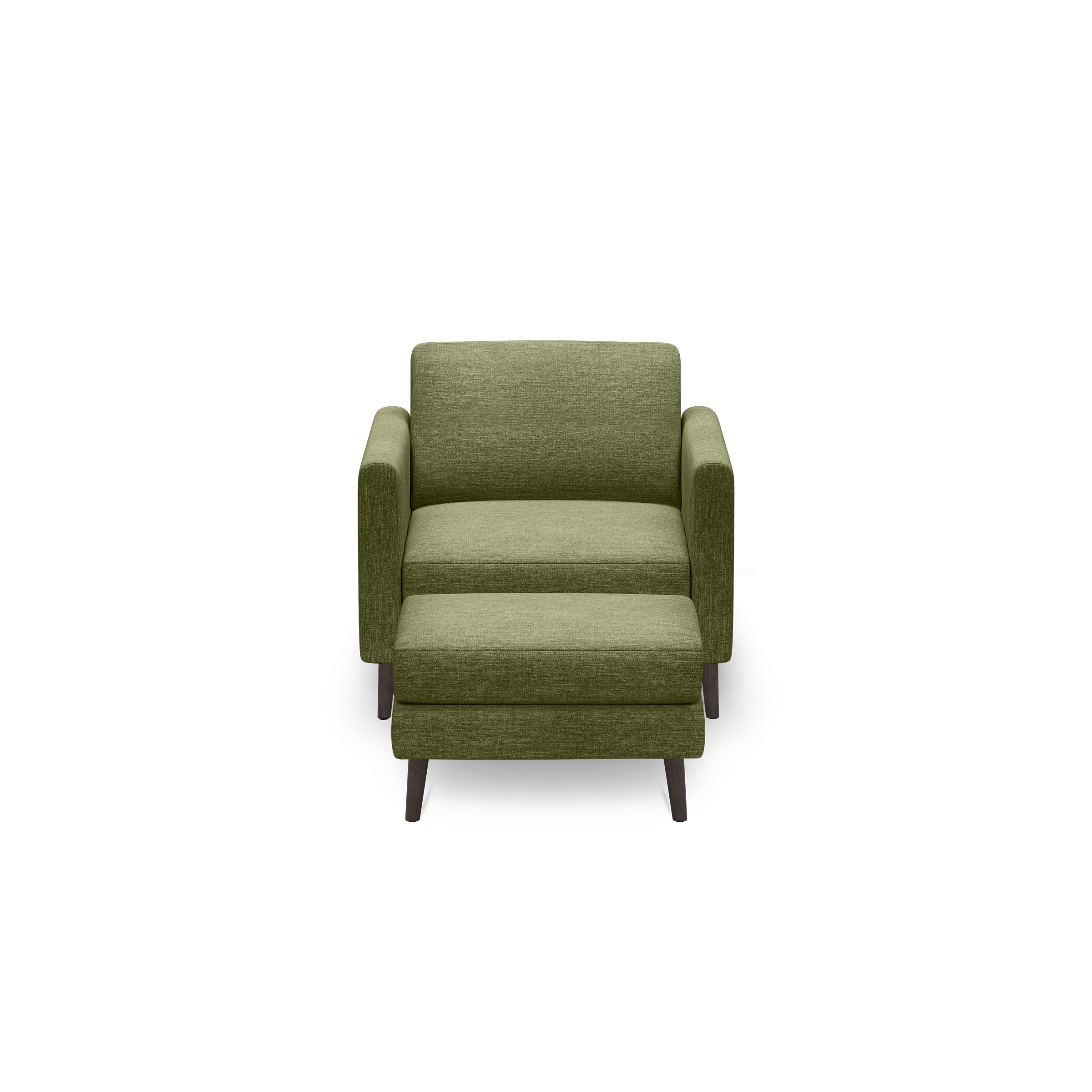 Front view of a modern olive green upholstered armchair with wooden legs and clean lines on a black background.