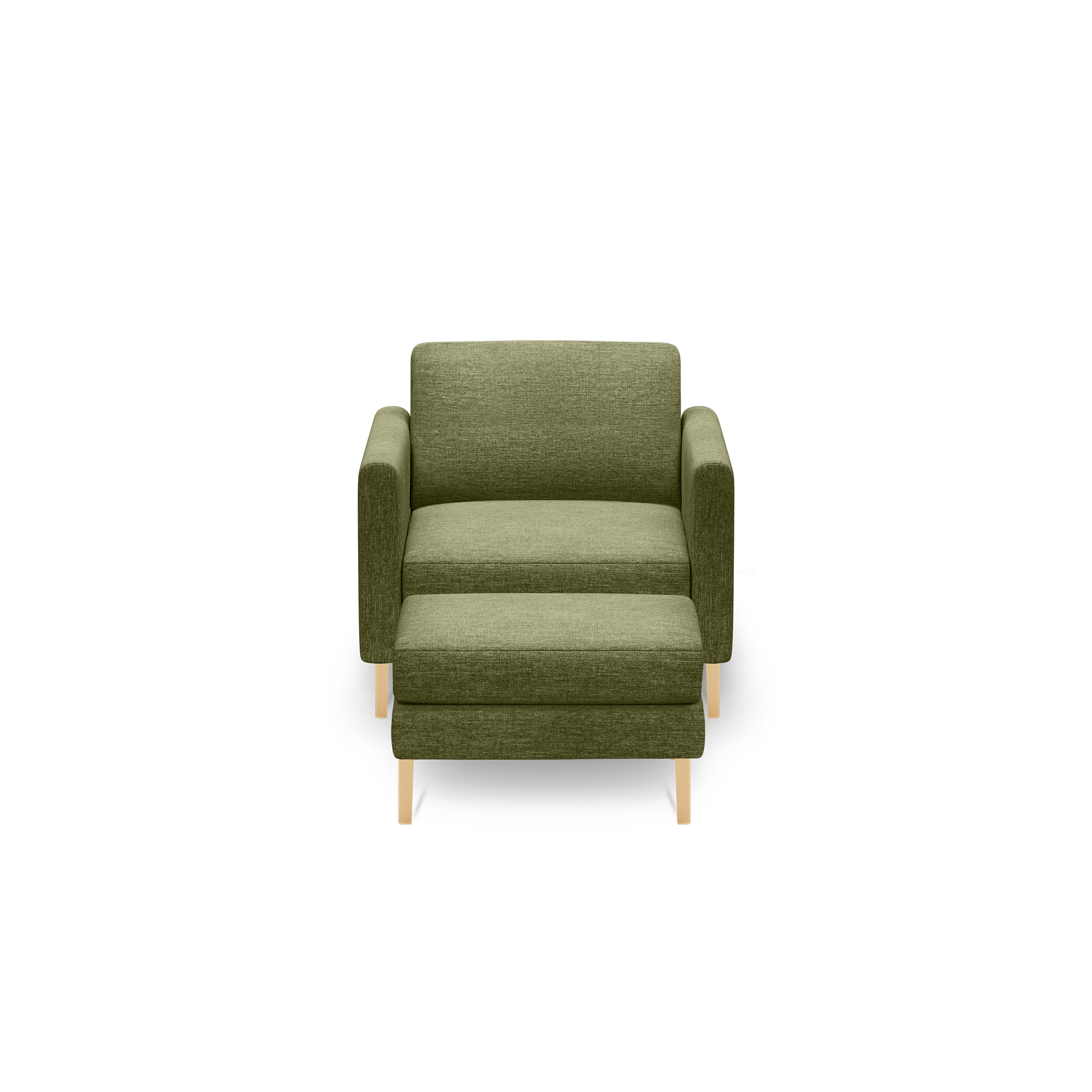 Green upholstered armchair with wooden legs and a pull-out footrest, shown against a black background.