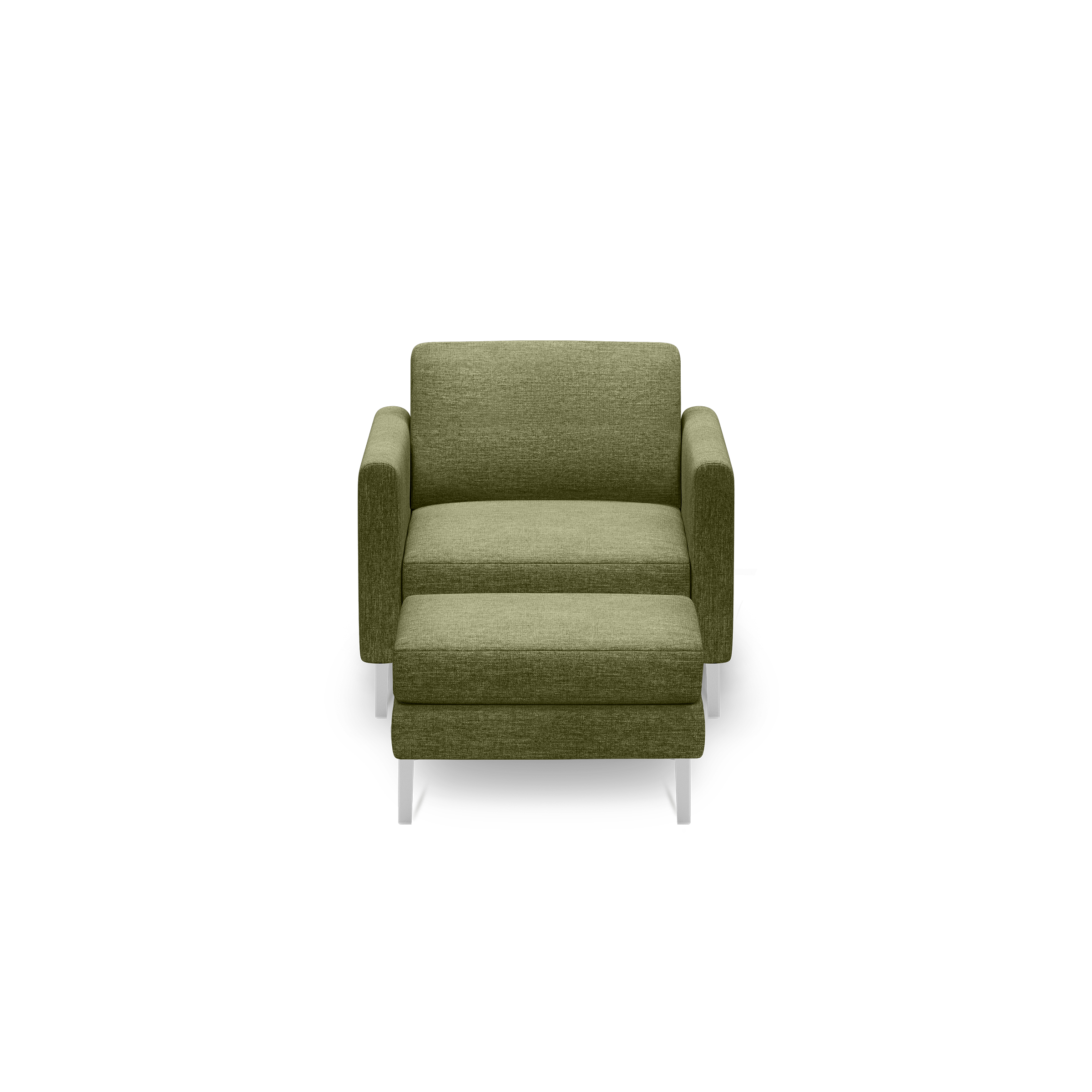 Front view of a modern olive green upholstered armchair with straight arms and silver metal legs, isolated on black background.