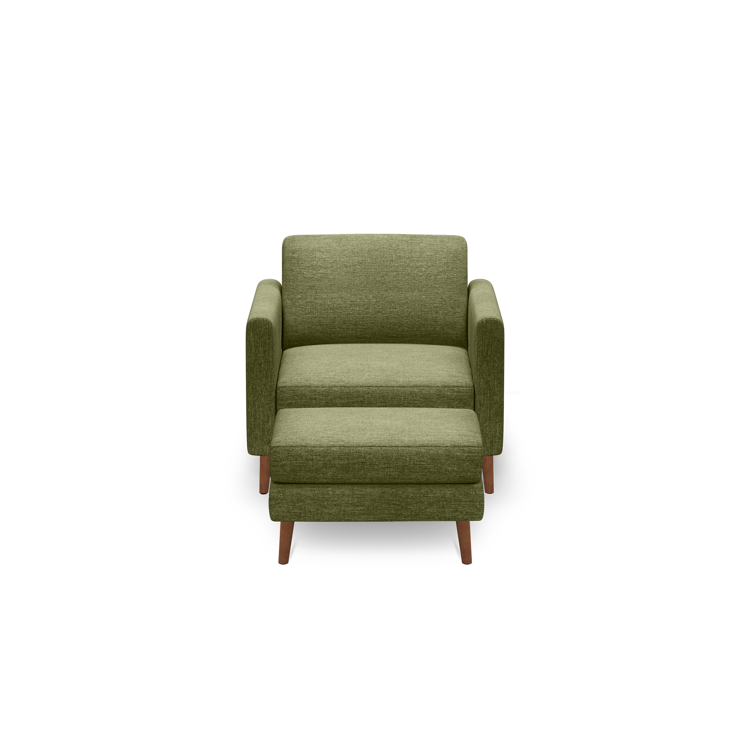 Front view of a modern olive green upholstered armchair with wooden legs on a black background.