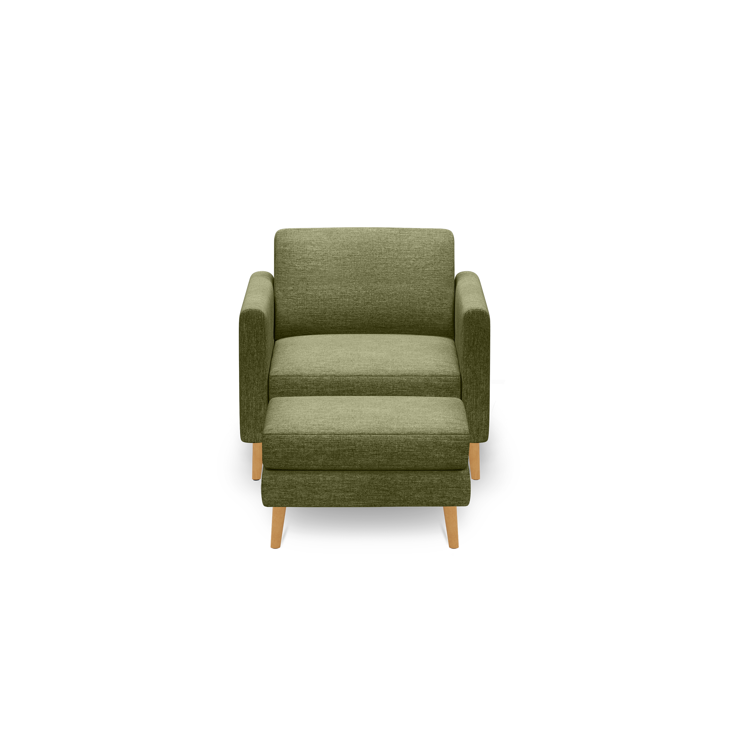 Front view of a modern olive green fabric armchair with wooden legs and a matching ottoman on a black background.
