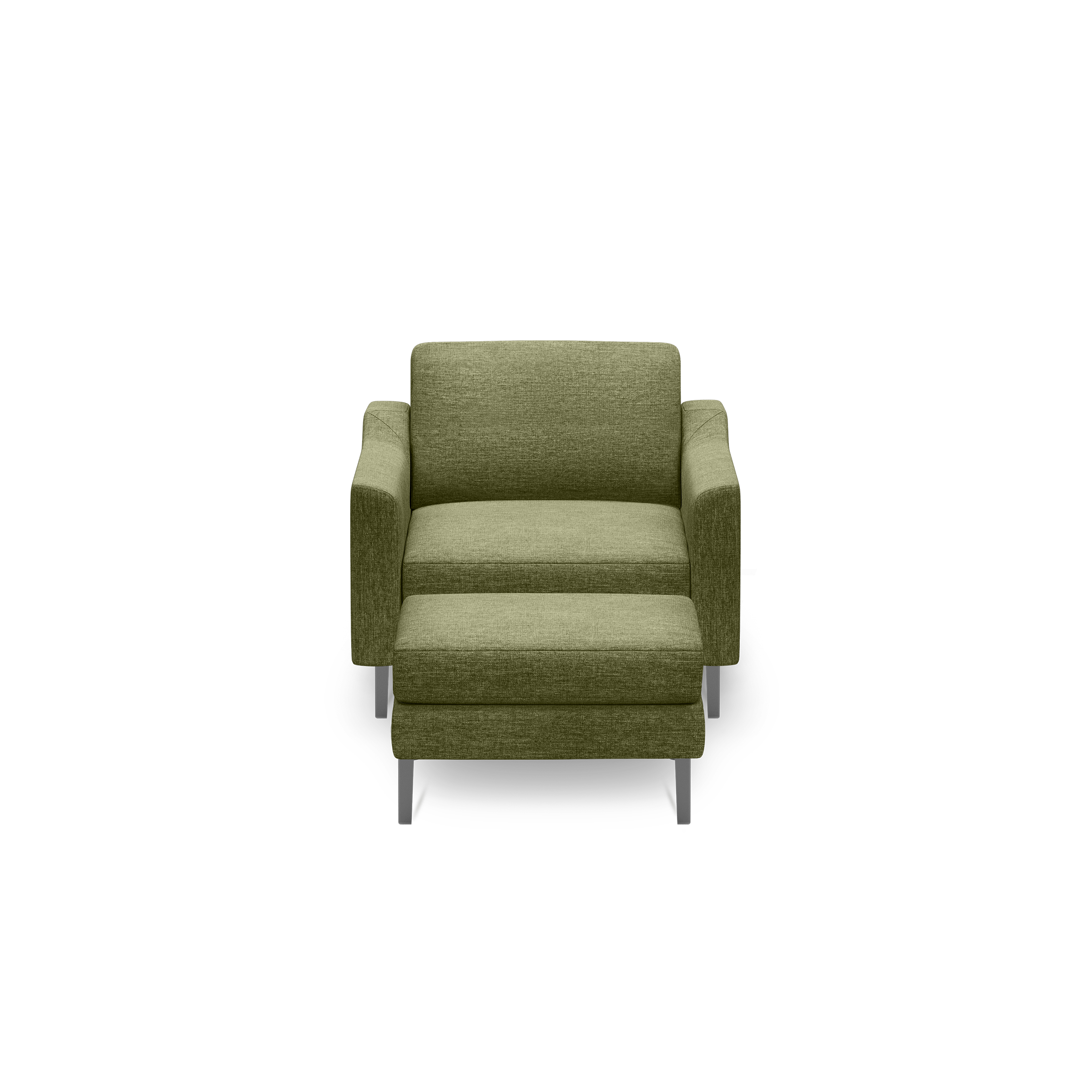 Green upholstered armchair with matching ottoman, featuring clean lines and silver metal legs against a black background.
