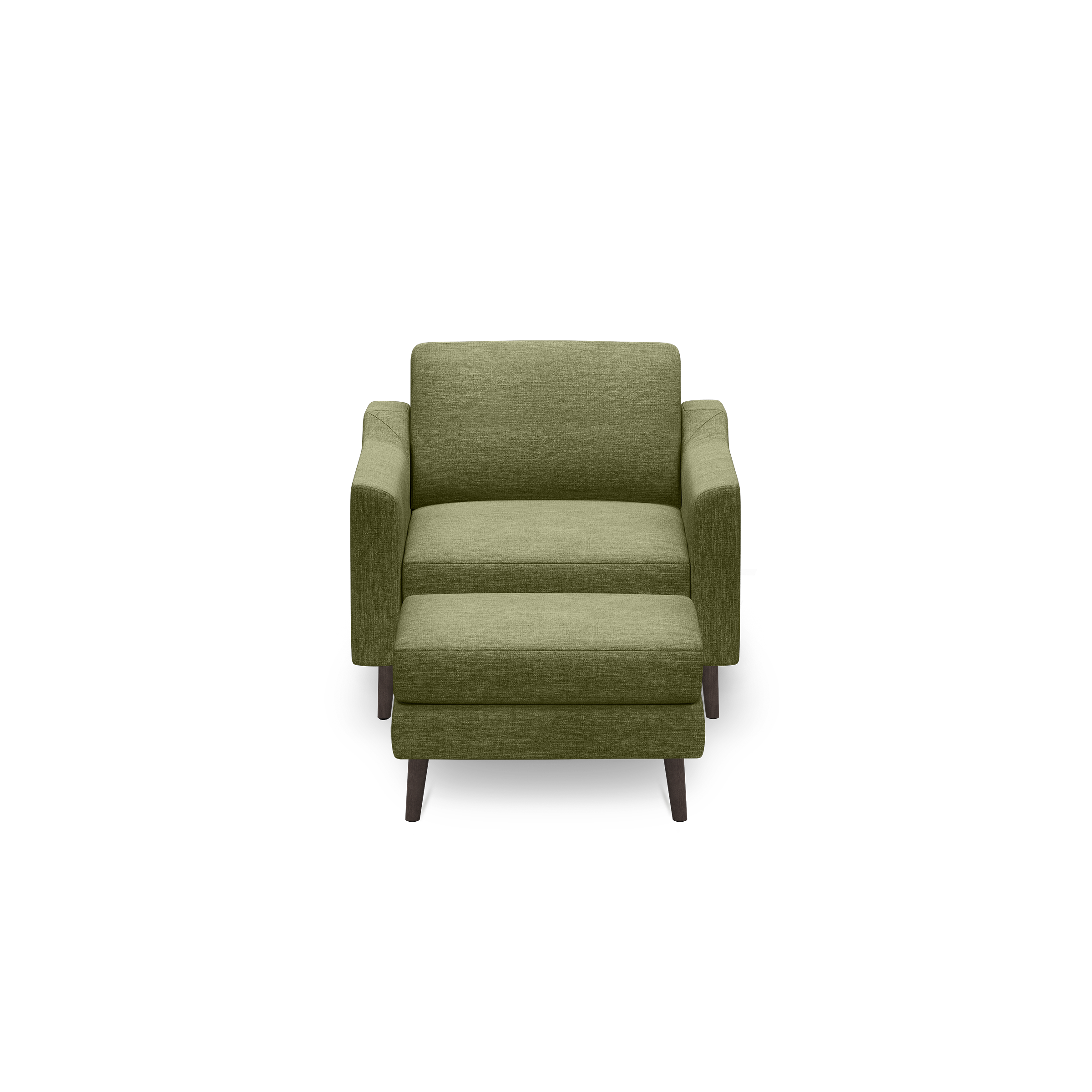 Green fabric armchair with a matching ottoman, featuring wooden legs and a modern, minimalist design.