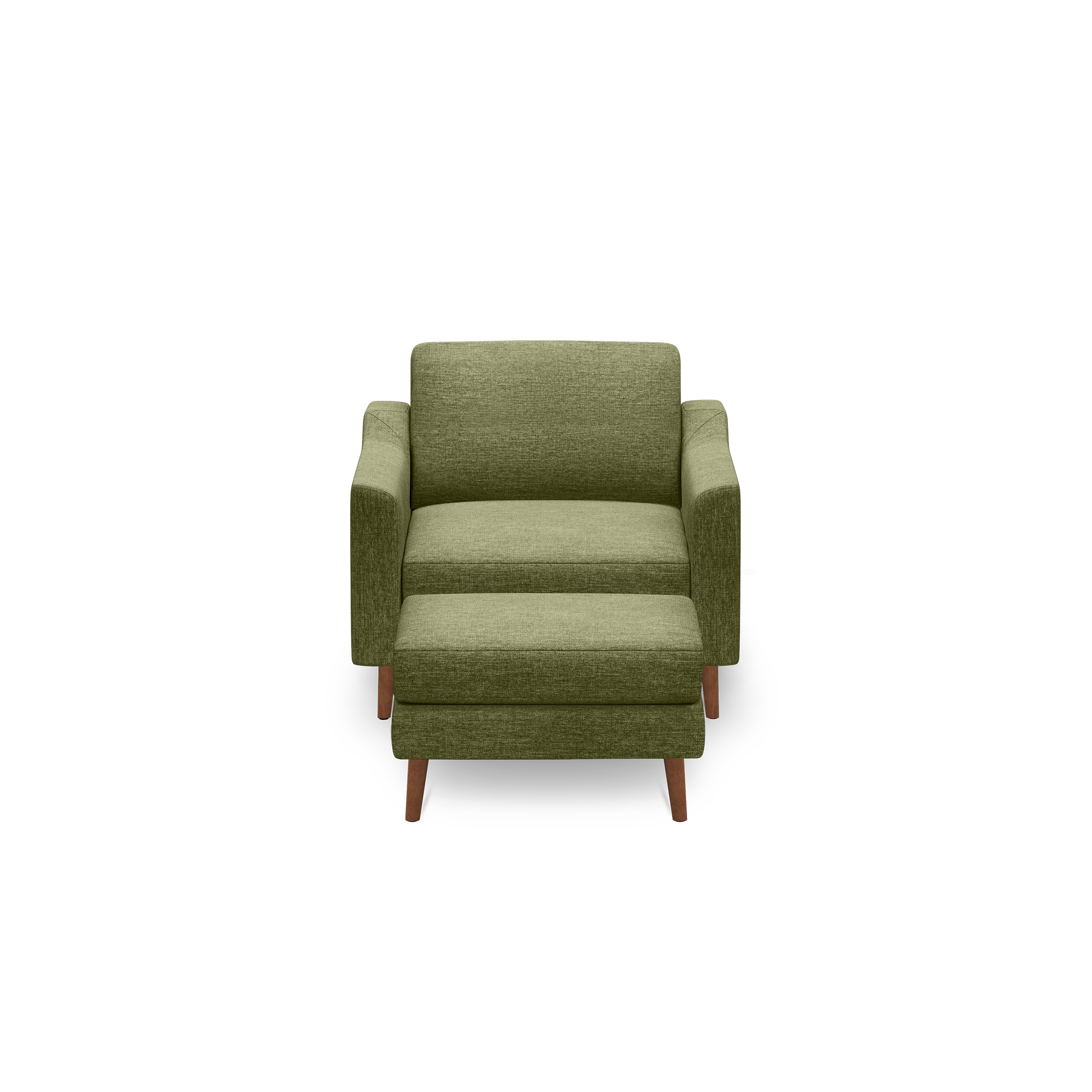 Green fabric armchair with matching cushioned ottoman and wooden legs, shown against a black background.