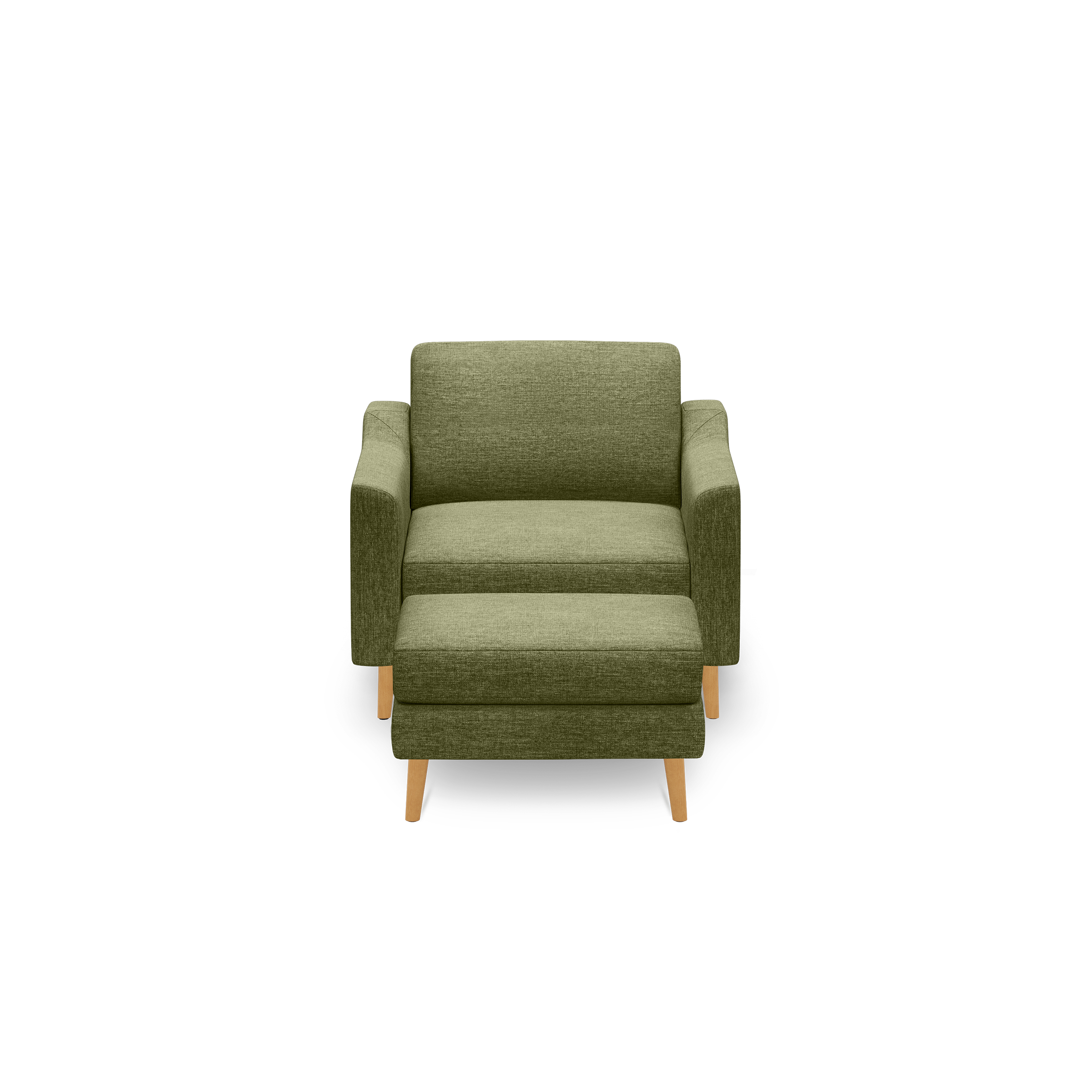 Green upholstered armchair with matching ottoman, wooden legs, and a modern, minimalist design, shown on a black background.