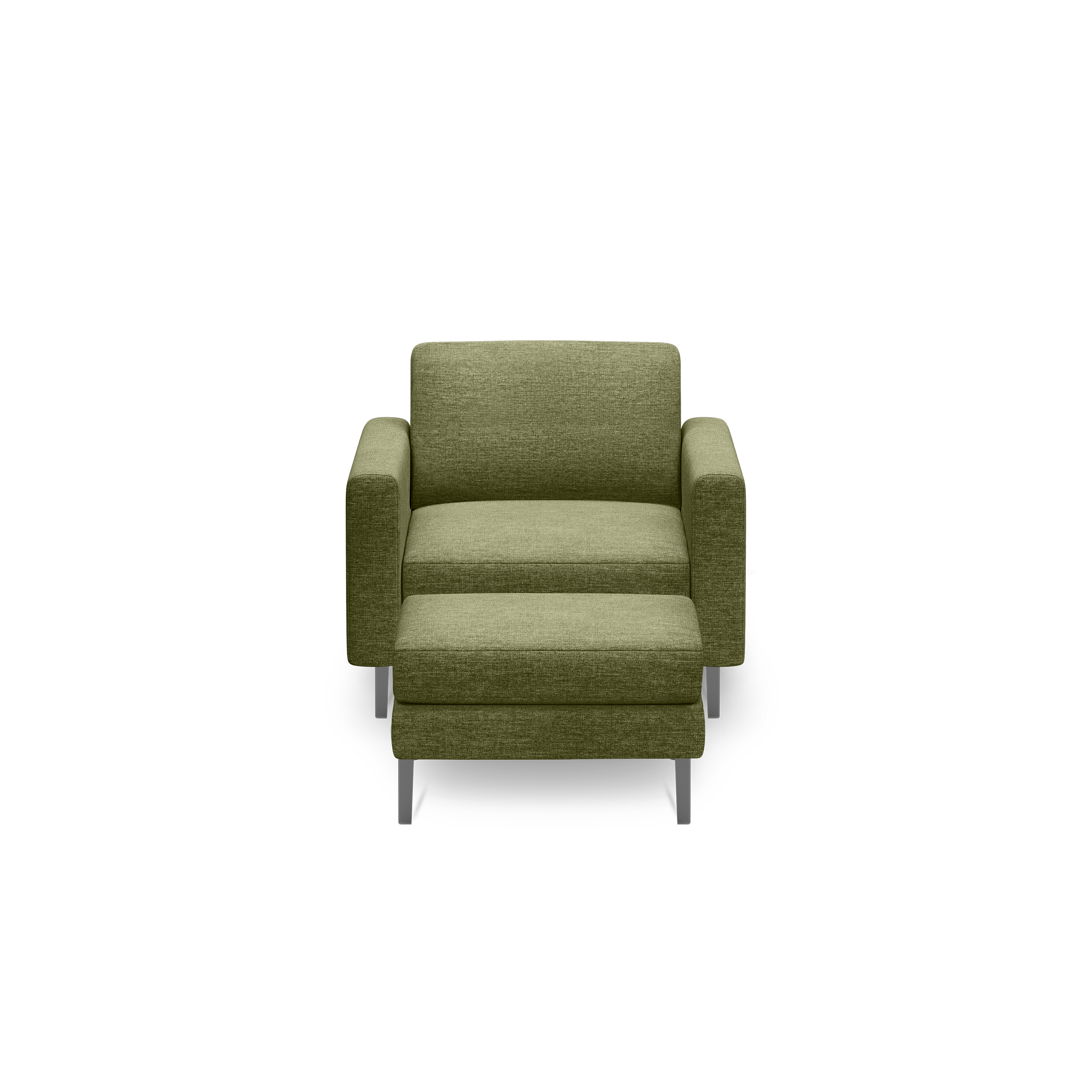 Front view of a modern olive green upholstered armchair with metallic legs and a cushioned seat and backrest.