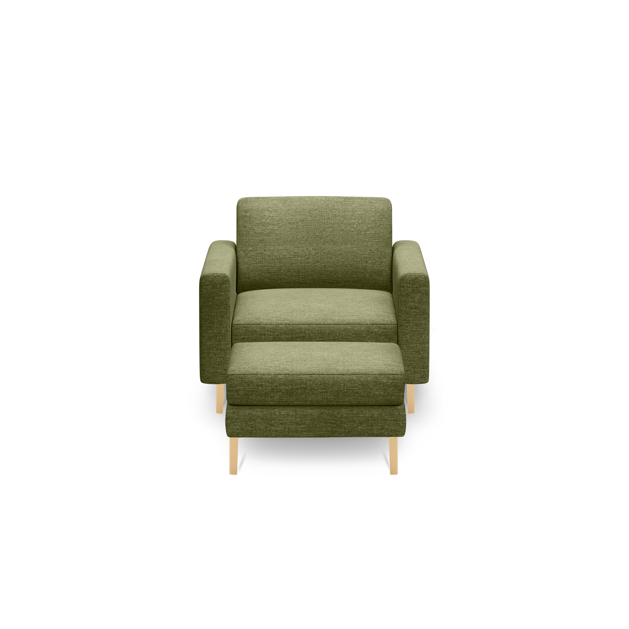 Front view of a modern olive green armchair with wooden legs, featuring square armrests and a cushioned seat and backrest.