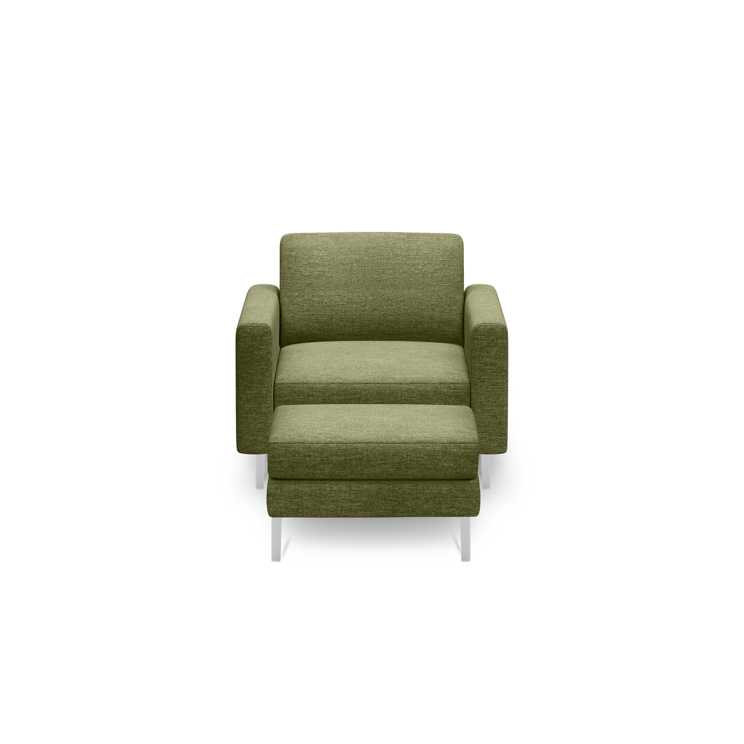 Front view of a modern green fabric armchair with wide armrests and slim silver legs on a black background.