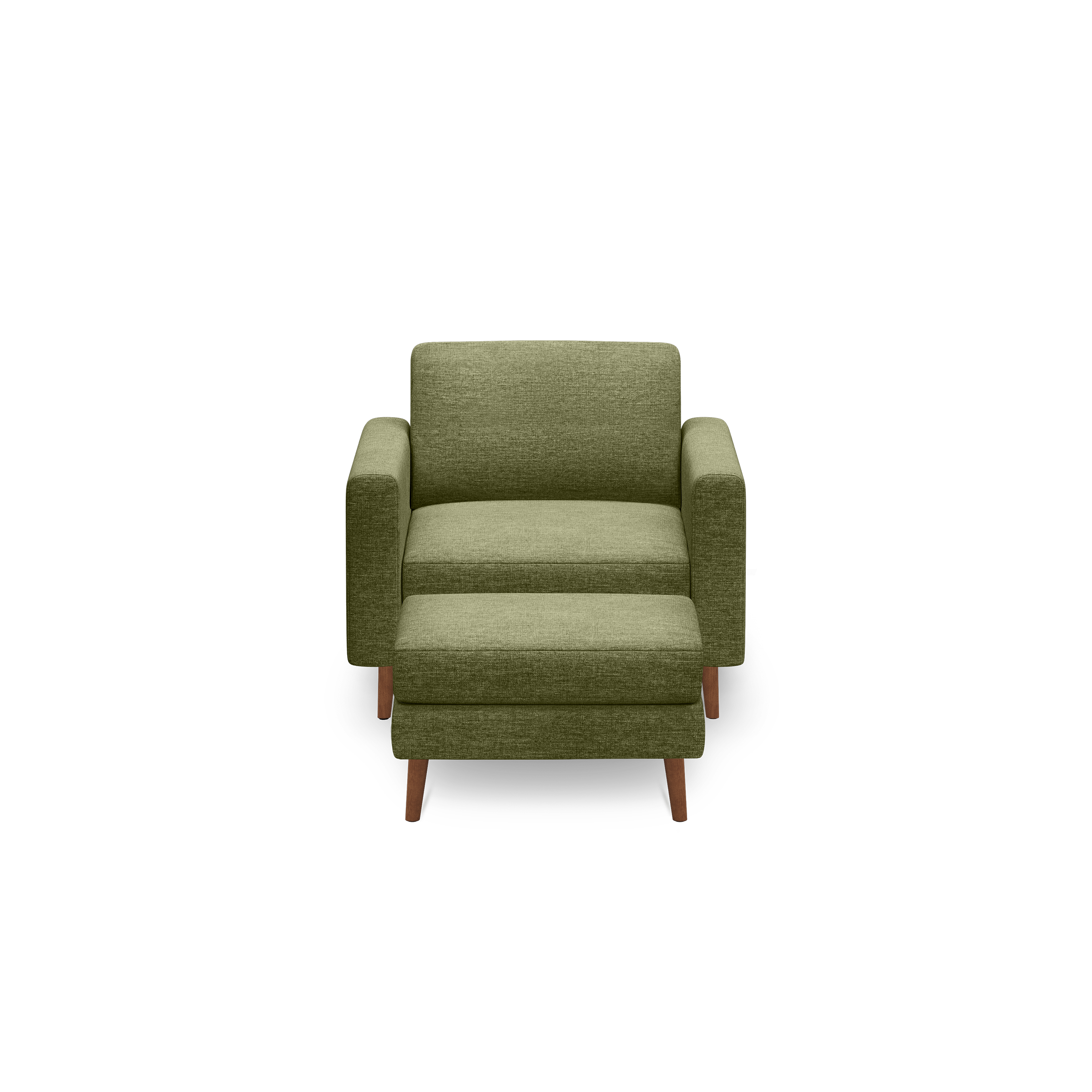 Olive green upholstered armchair with wooden legs, featuring a thick cushioned seat and matching ottoman.