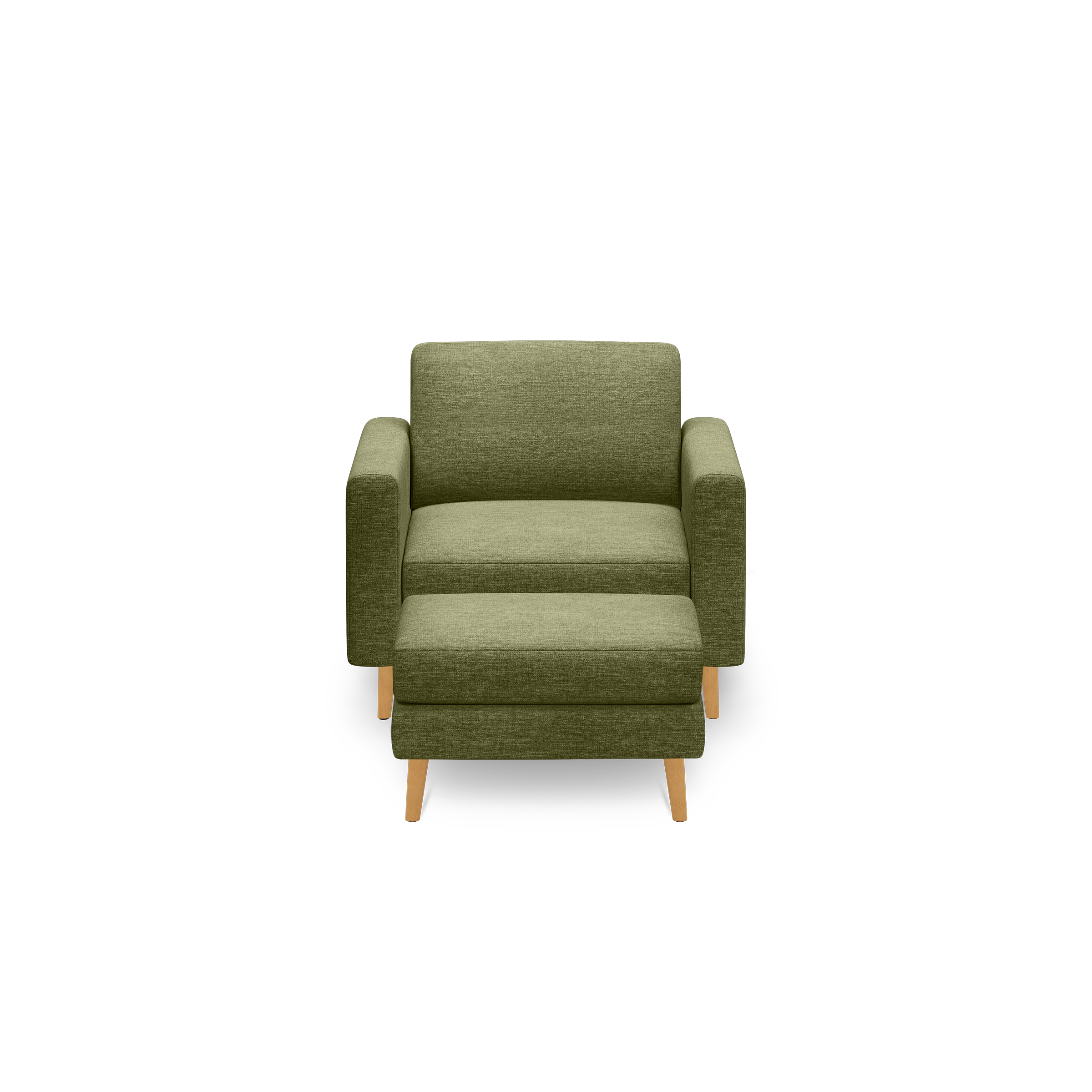 Modern olive green upholstered armchair with wooden legs, featuring a cushioned seat and backrest for comfort.