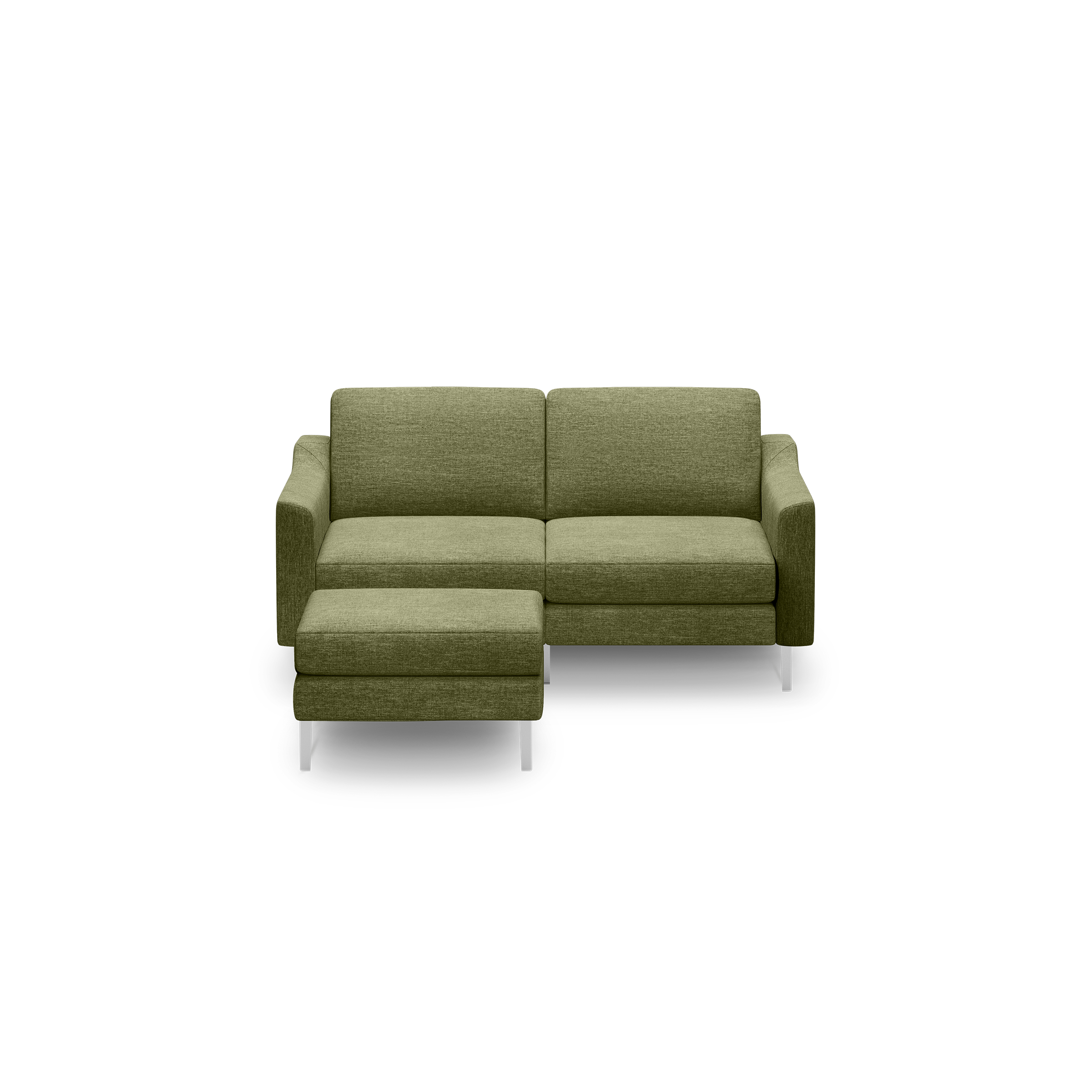 Modern olive green fabric sectional sofa with a left chaise and slim white legs on a black background.