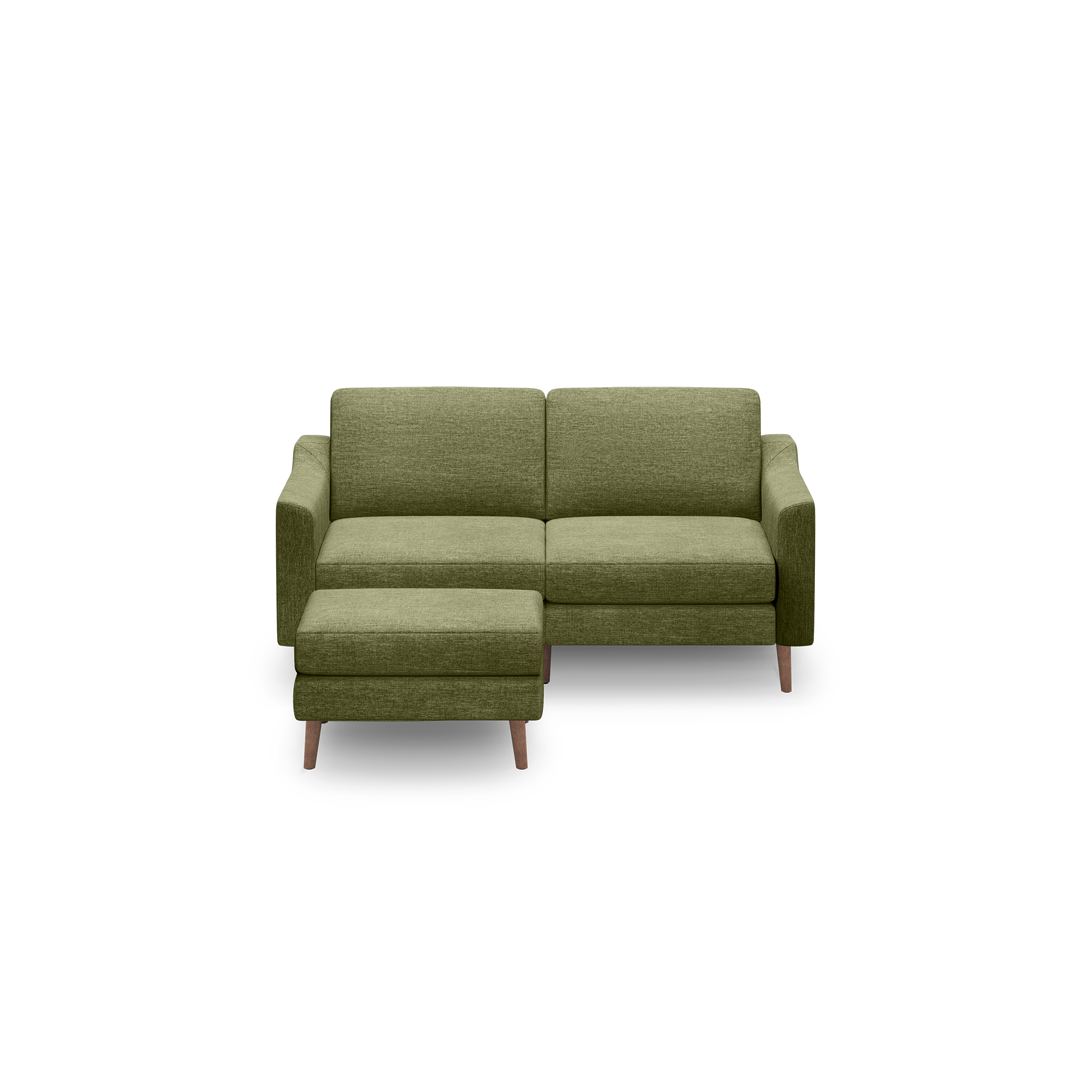 Green fabric two-seater sofa with wooden legs and a matching upholstered ottoman on a black background.