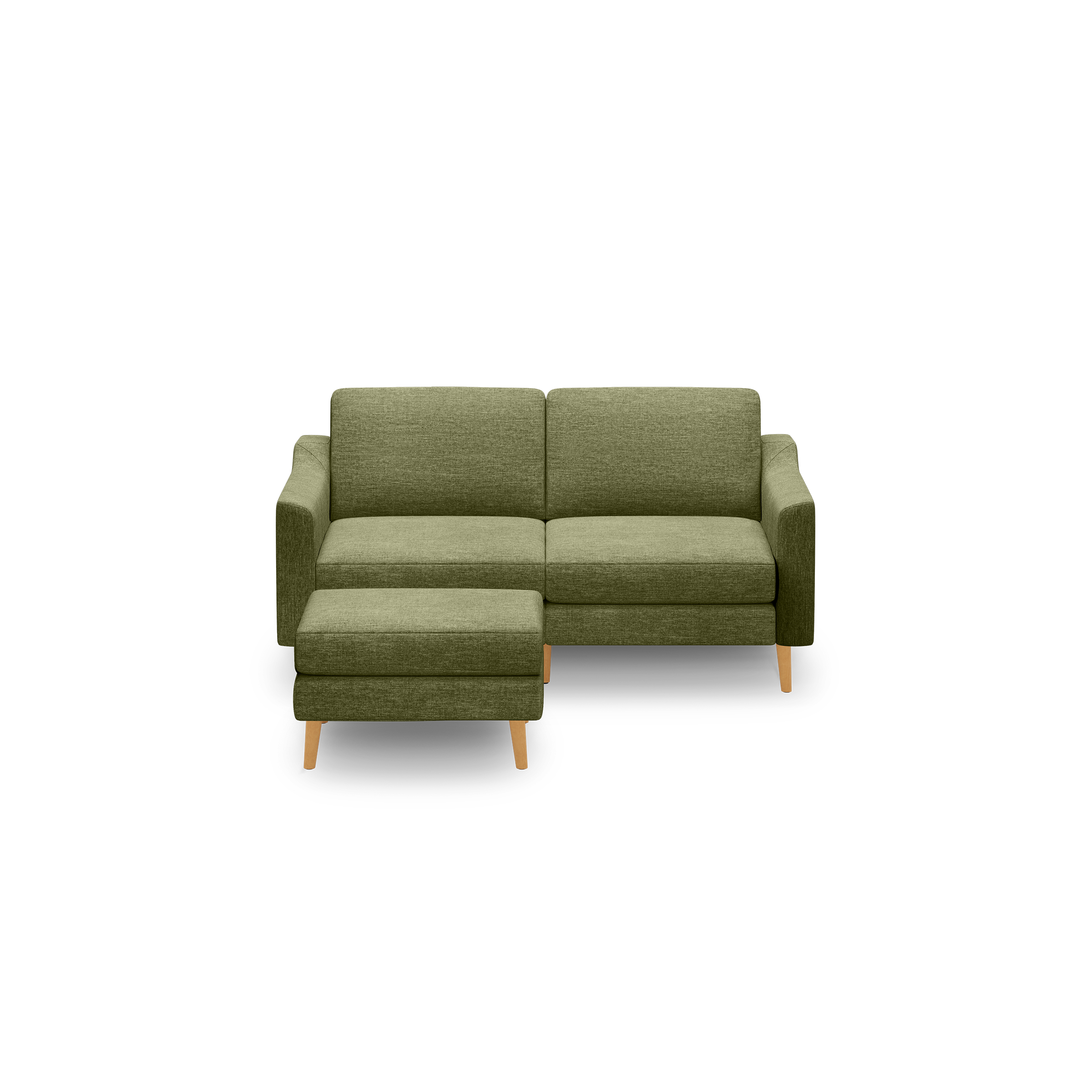 Olive green modern two-seater sofa with matching ottoman, wooden angled legs, and clean, minimalist design.