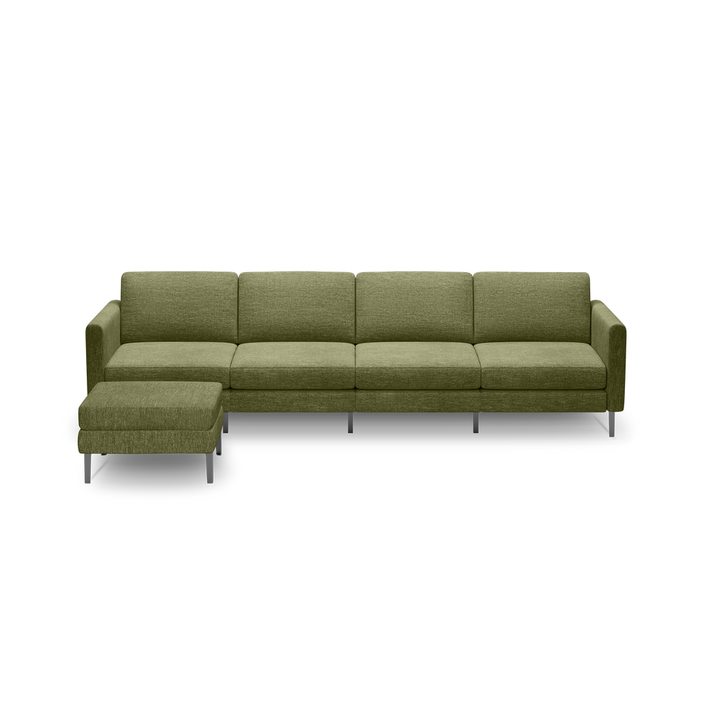 Olive green modern sectional sofa with left chaise and silver metal legs, featuring clean lines and soft fabric upholstery.