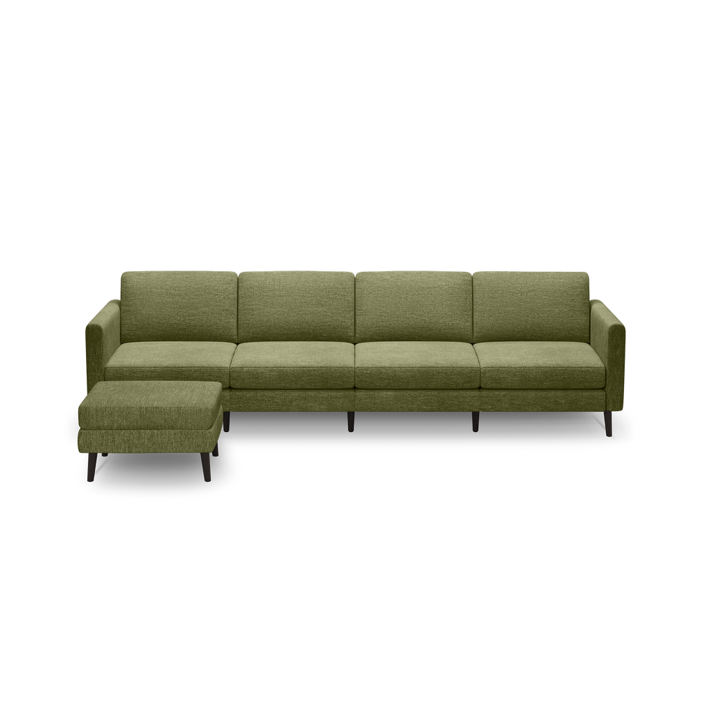 Modern olive green sectional sofa with four seat cushions, low backrest, armrests, and a matching ottoman on wooden legs.