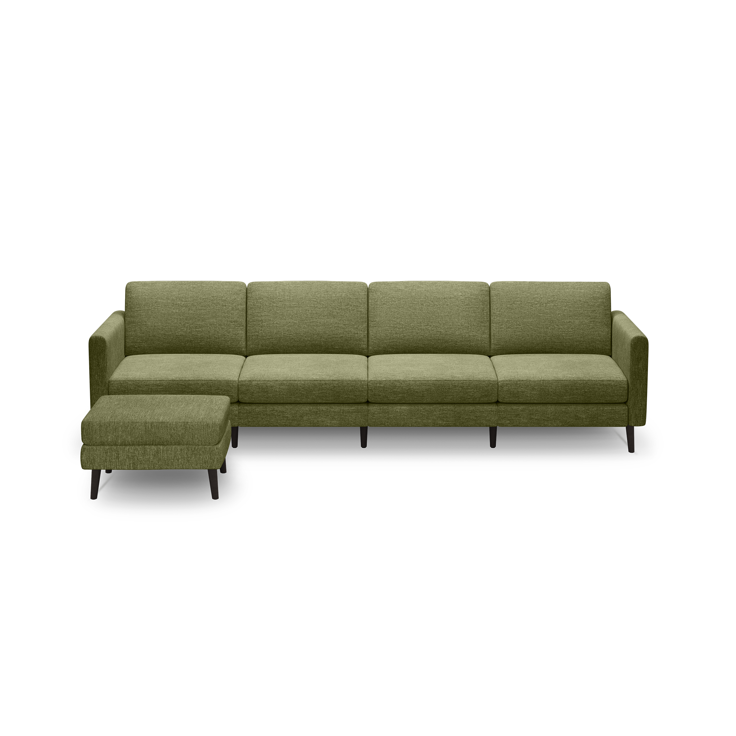 Modern olive green sectional sofa with four seat cushions, low backrest, armrests, and a matching ottoman on wooden legs.
