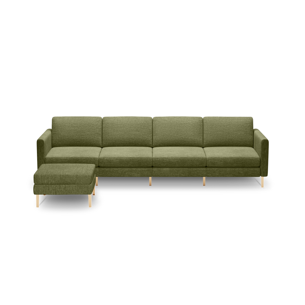 Modern olive green fabric sectional sofa with clean lines, wooden legs, and a matching ottoman on the left side.