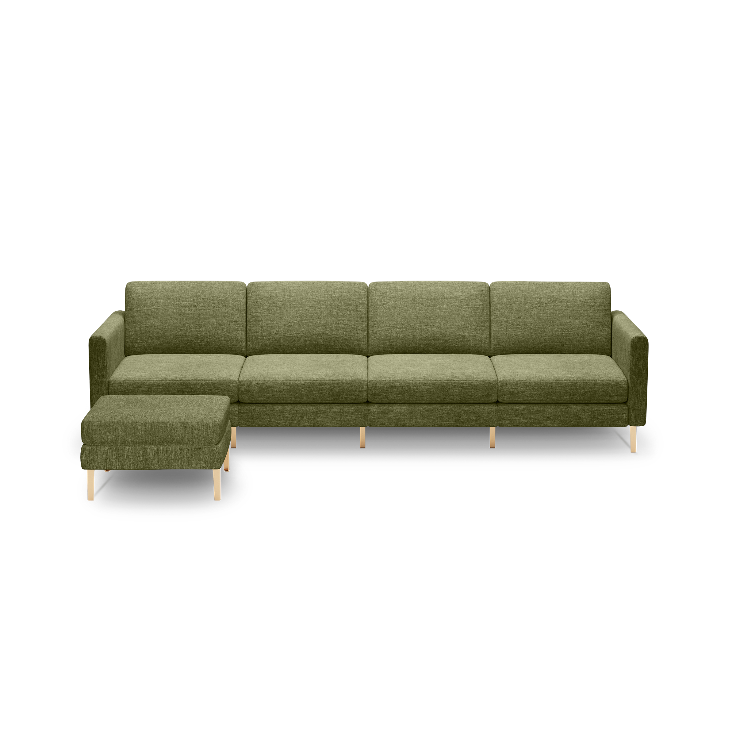 Modern olive green fabric sectional sofa with clean lines, wooden legs, and a matching ottoman on the left side.