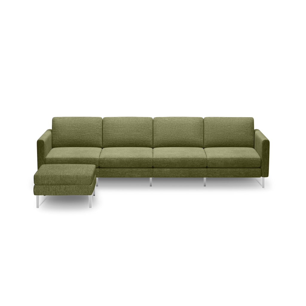 Modern olive-green sectional sofa with metal legs, featuring a left chaise lounge and plush cushions against black background.